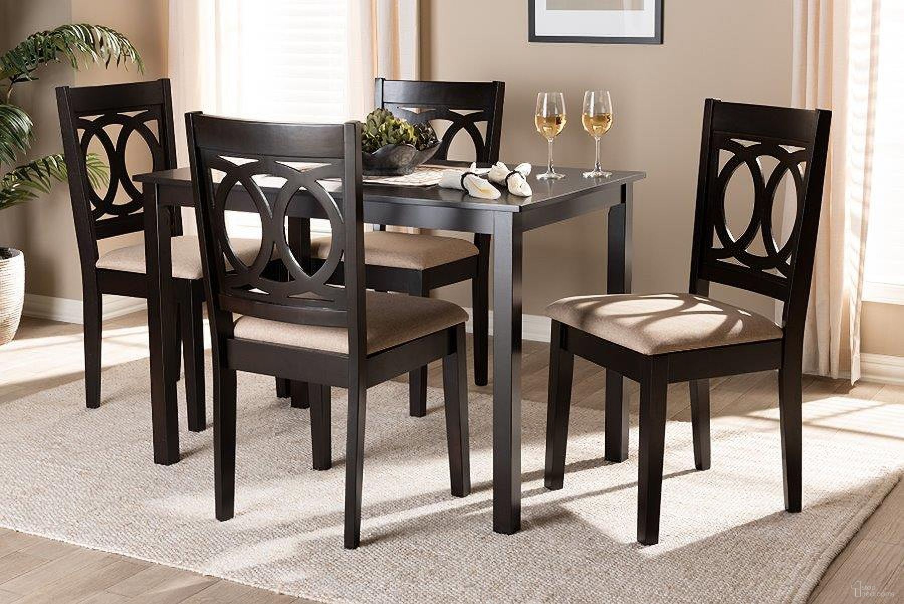 The appearance of Lenoir Modern And Contemporary Sand Fabric Upholstered Espresso Brown Finished Wood 5-Piece Dining Set designed by Baxton Studio in the modern / contemporary interior design. This brown piece of furniture was selected by 1StopBedrooms from Essential Collection to add a touch of cosiness and style into your home. Sku: RH315C-Sand/Dark Brown-5PC Dining Set. Material: Rubberwood.