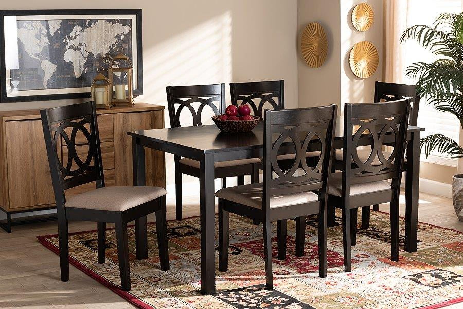 The appearance of Lenoir Modern And Contemporary Sand Fabric Upholstered Espresso Brown Finished Wood 7-Piece Dining Set designed by Baxton Studio in the modern / contemporary interior design. This sand brown piece of furniture was selected by 1StopBedrooms from Lenoir Collection to add a touch of cosiness and style into your home. Sku: RH315C-Sand/Dark Brown-7PC Dining Set. Material: MDF.
