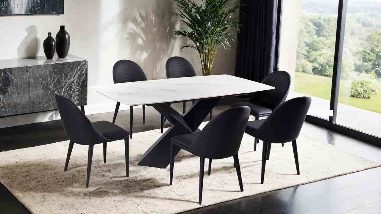 The appearance of Lenvik Dining Room Set In Black and White designed by Furniture of America in the modern / contemporary interior design. This black/white piece of furniture  was selected by 1StopBedrooms from Lenvik Collection to add a touch of cosiness and style into your home. Sku: FM3700BK-T-1;FM3700BK-T-2;FM3700BK-T-3;FM3700BK-SC-2PK. Material: Ceramic. Table Top Shape: Rectangular. Size: 35" x 71".