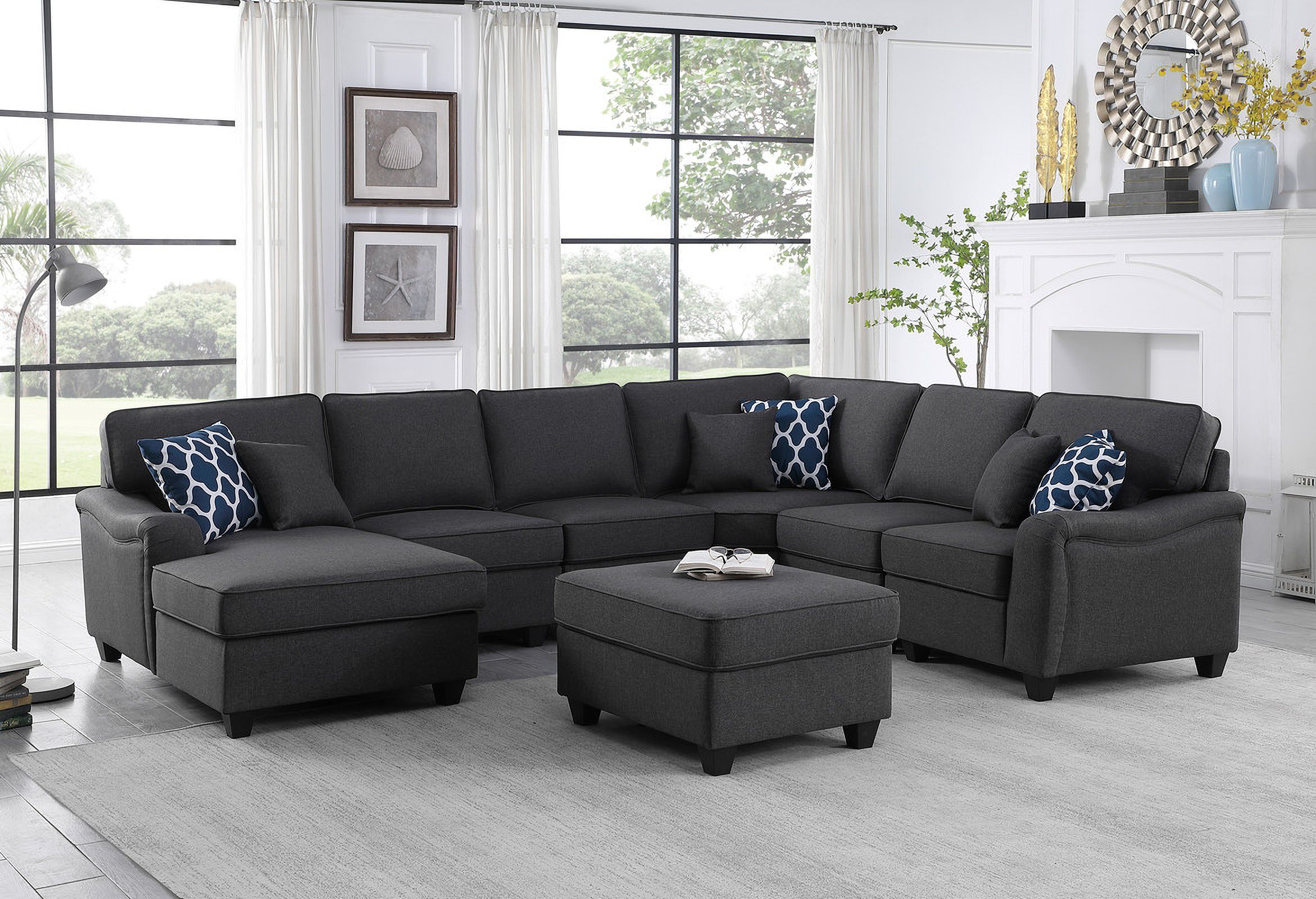 Leo Dark Gray Linen 7Pc Modular LShape Sectional Sofa Chaise And