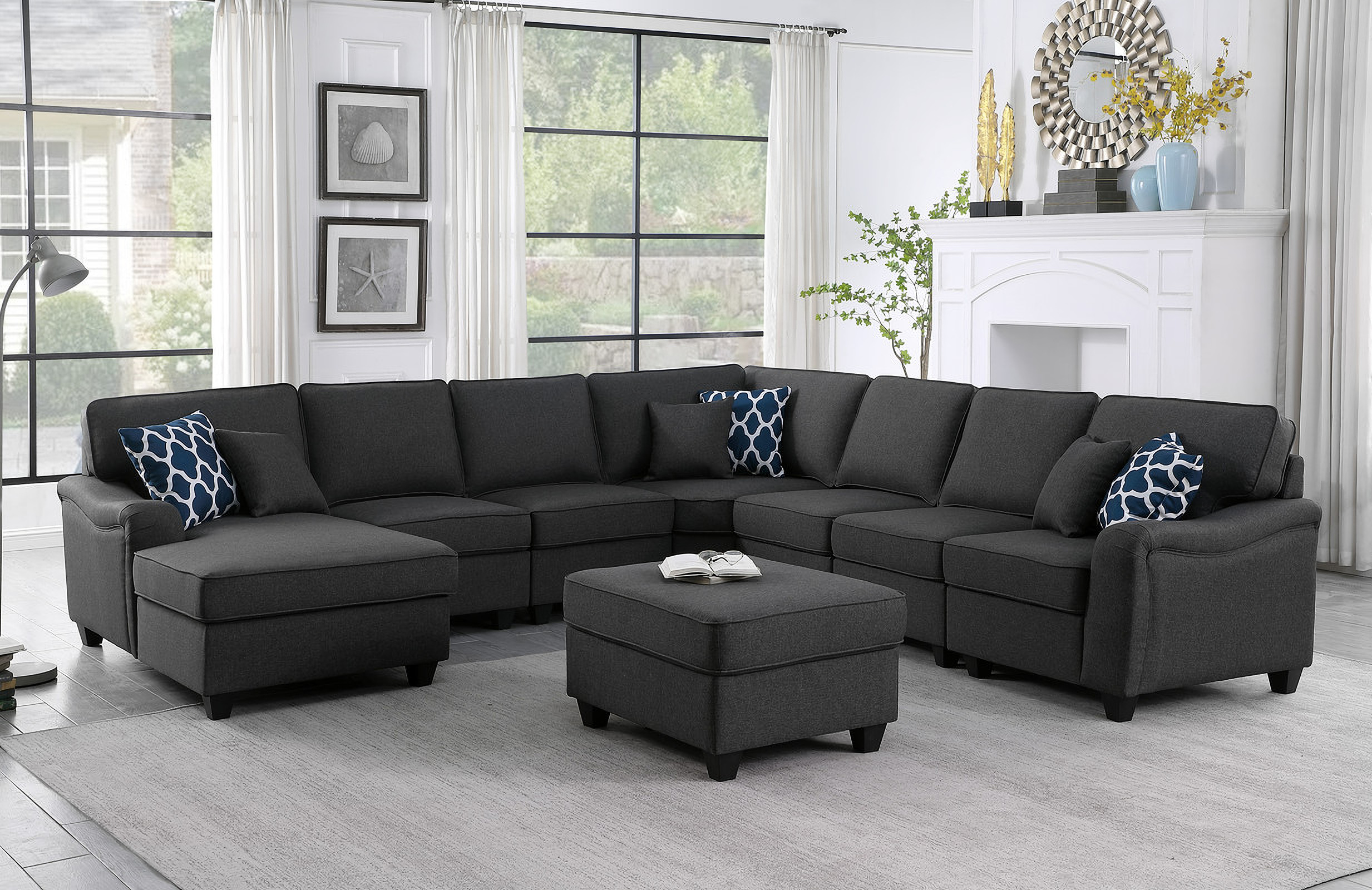 Leo Dark Gray Linen 8Pc Modular LShape Sectional Sofa Chaise And Ottoman 8912316 by Lilola