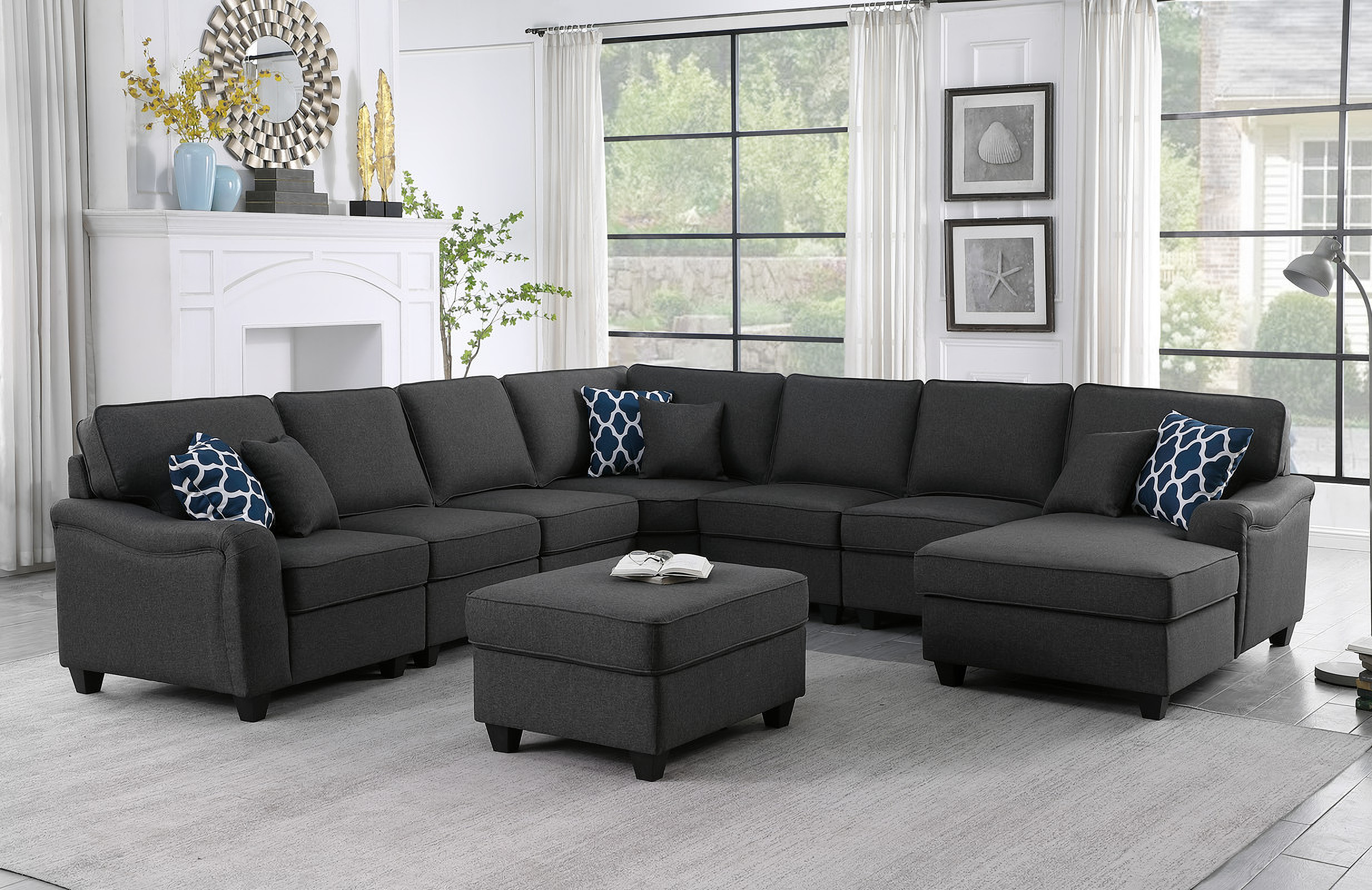 Leo Dark Gray Linen 8Pc Modular LShape Sectional Sofa Chaise and Ottoman by Lilola Home