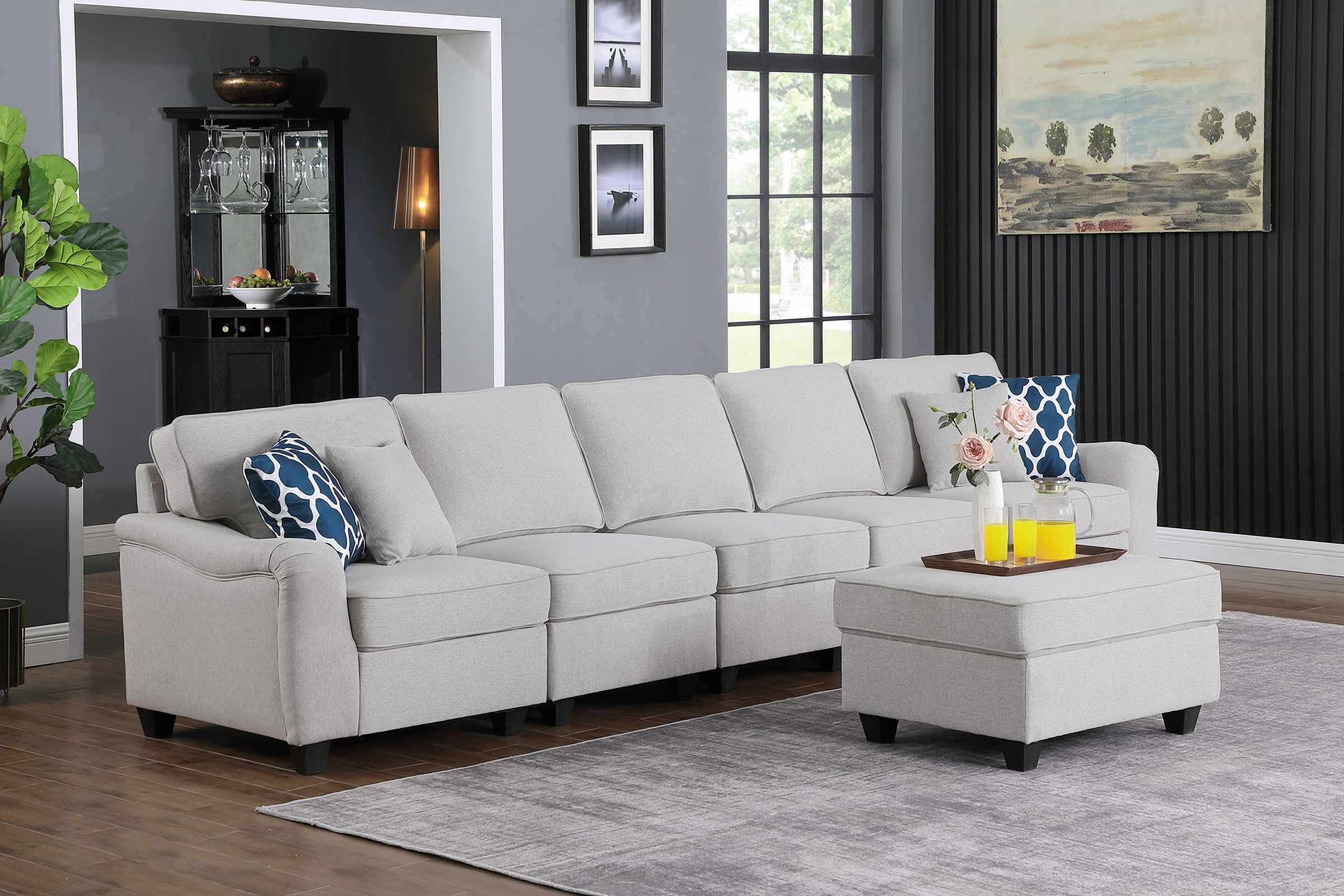 The appearance of Leo Light Gray Linen 6 Seater Sofa and Ottoman designed by Lilola Home in the modern / contemporary interior design. This light gray piece of furniture was selected by 1StopBedrooms from Leo Collection to add a touch of cosiness and style into your home. Sku: 89121-A;89121-A;89121-A;89121-L;89121-O;89121-R. Material: Wood.