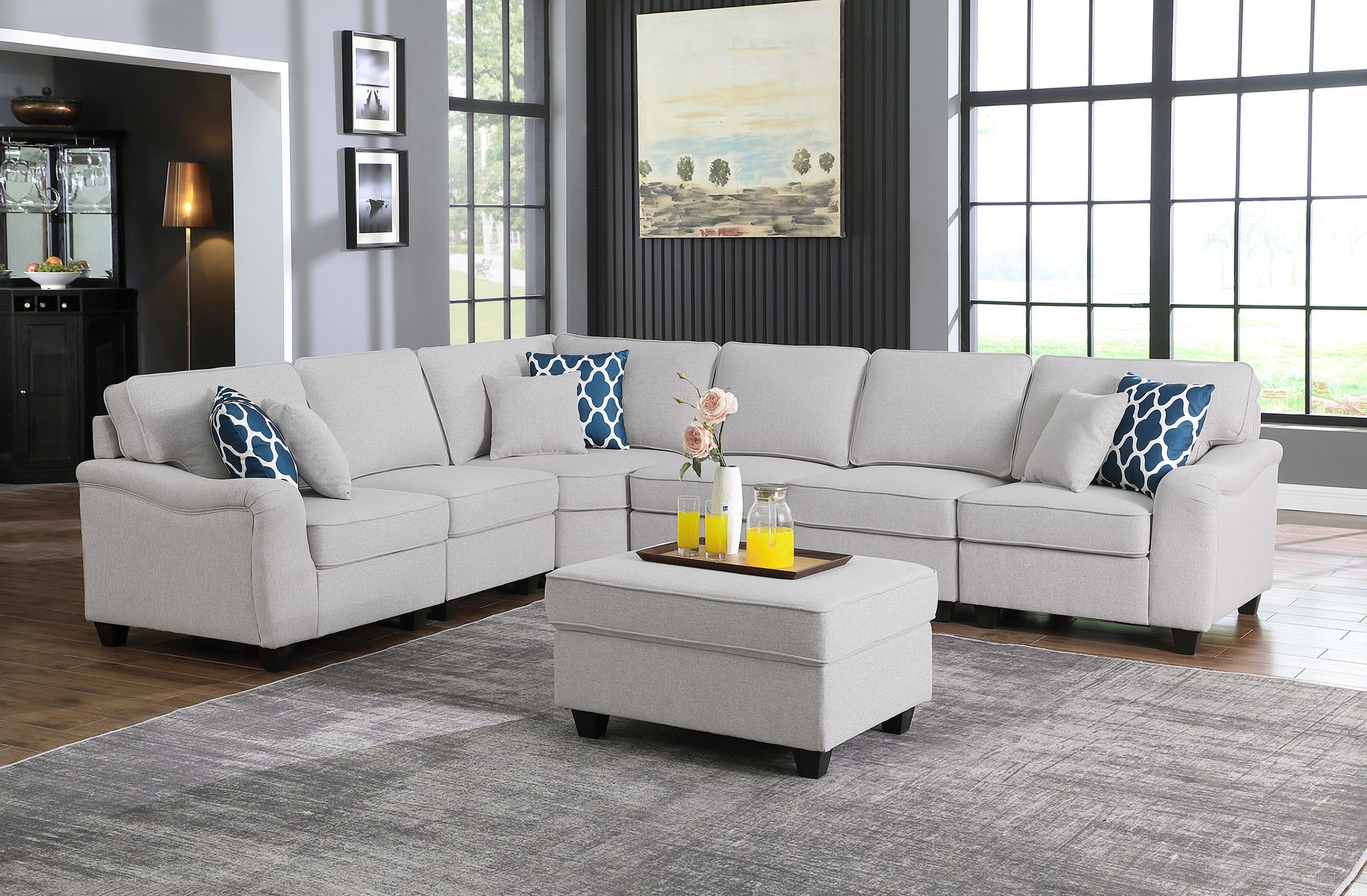 The appearance of Leo Light Gray Linen 7 Piece Modular L-Shape Sectional Sofa and Ottoman designed by Lilola Home in the modern / contemporary interior design. This light gray piece of furniture was selected by 1StopBedrooms from Leo Collection to add a touch of cosiness and style into your home. Sku: 89121-A;89121-A;89121-A;89121-C;89121-L;89121-O;89121-R. Material: Linen. Layout: L-Shape.