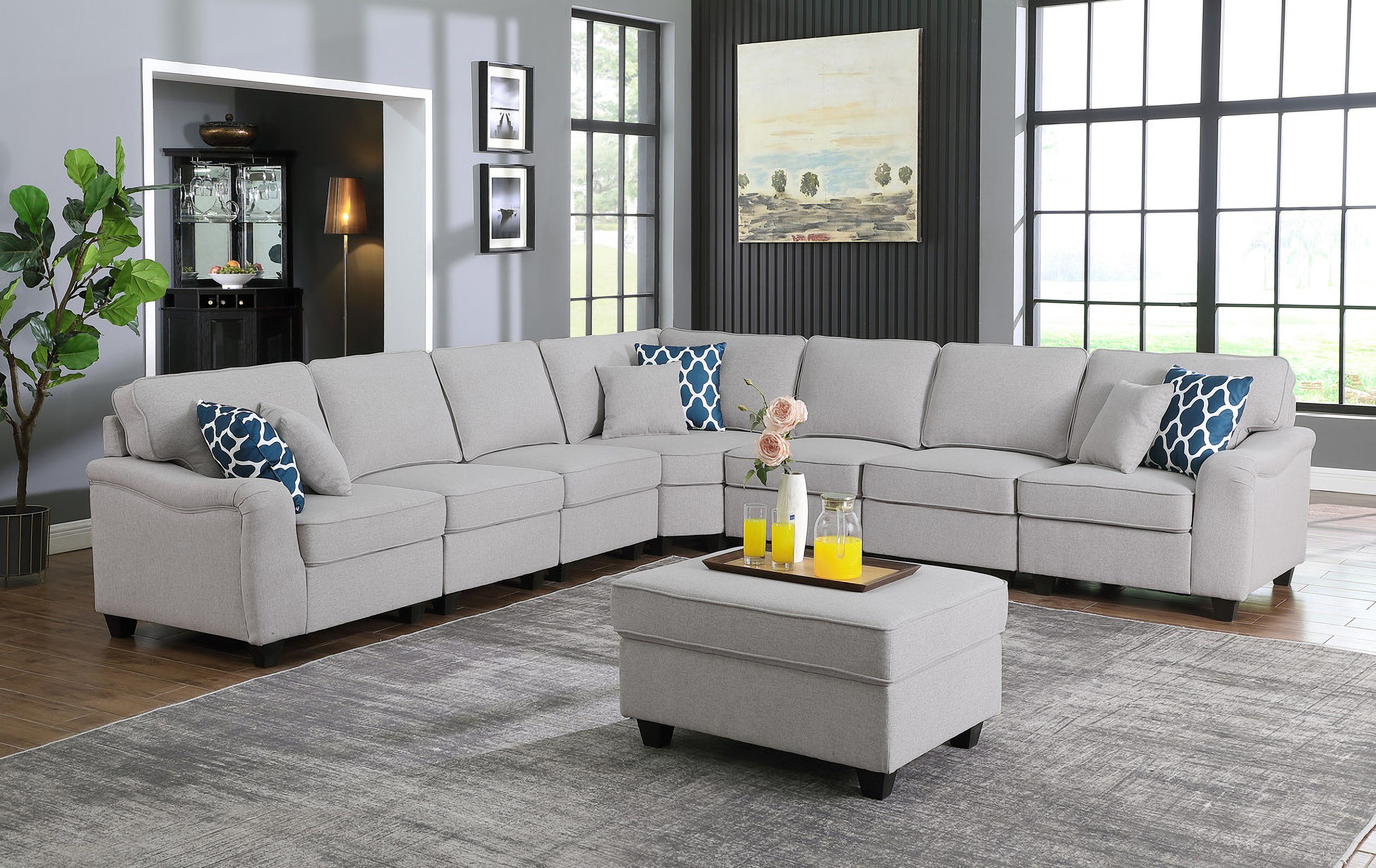 The appearance of Leo Light Gray Linen 8 Piece Modular L-Shape Sectional Sofa and Ottoman designed by Lilola Home in the modern / contemporary interior design. This light gray piece of furniture  was selected by 1StopBedrooms from Leo Collection to add a touch of cosiness and style into your home. Sku: 89121-A;89121-A;89121-A;89121-A;89121-C;89121-L;89121-O;89121-R. Material: Linen. Layout: L-Shape.