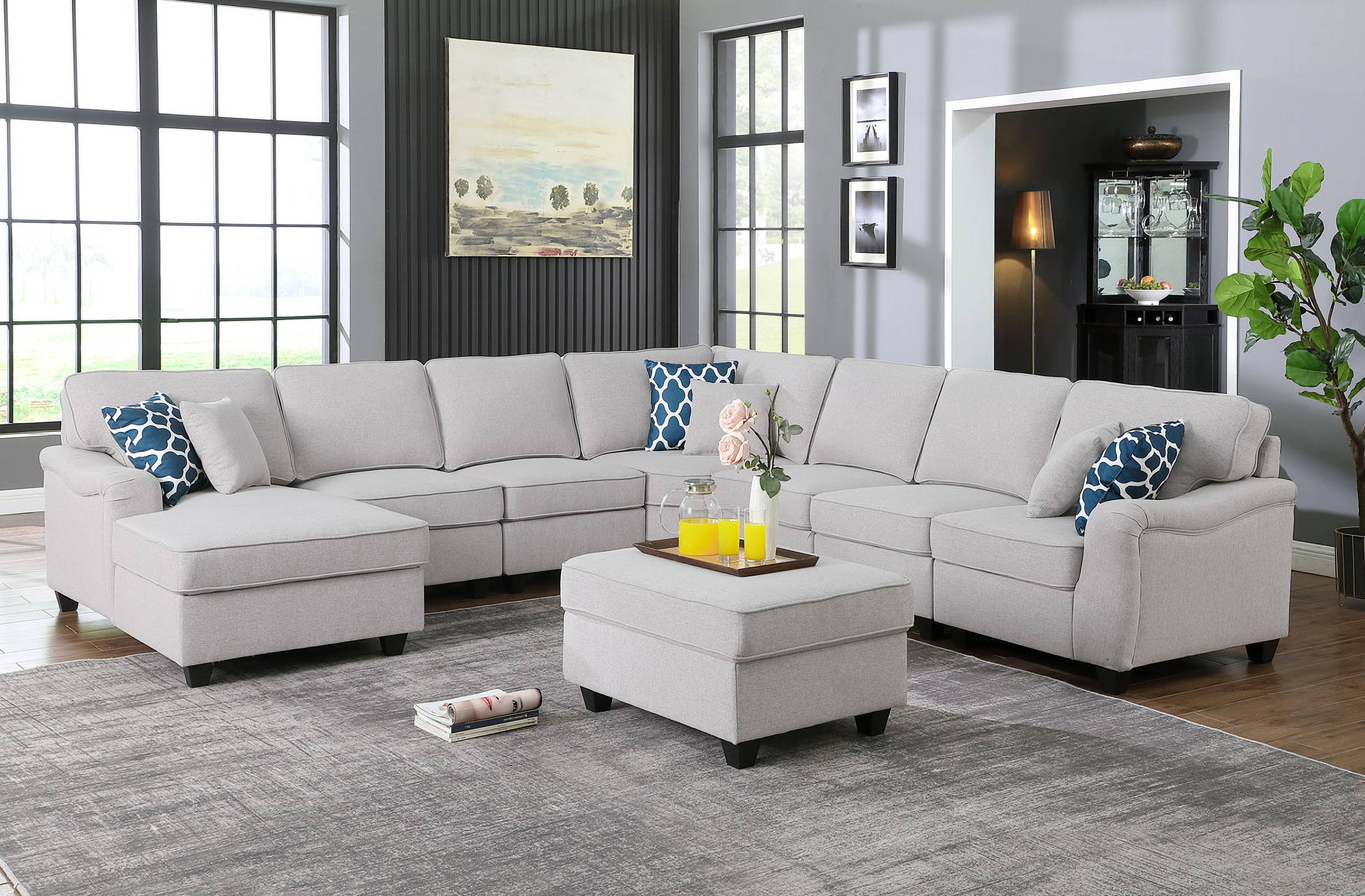 Leo Light Gray Linen 8Pc Modular LShape Sectional Sofa Chaise And Ottoman 8912116 by Lilola