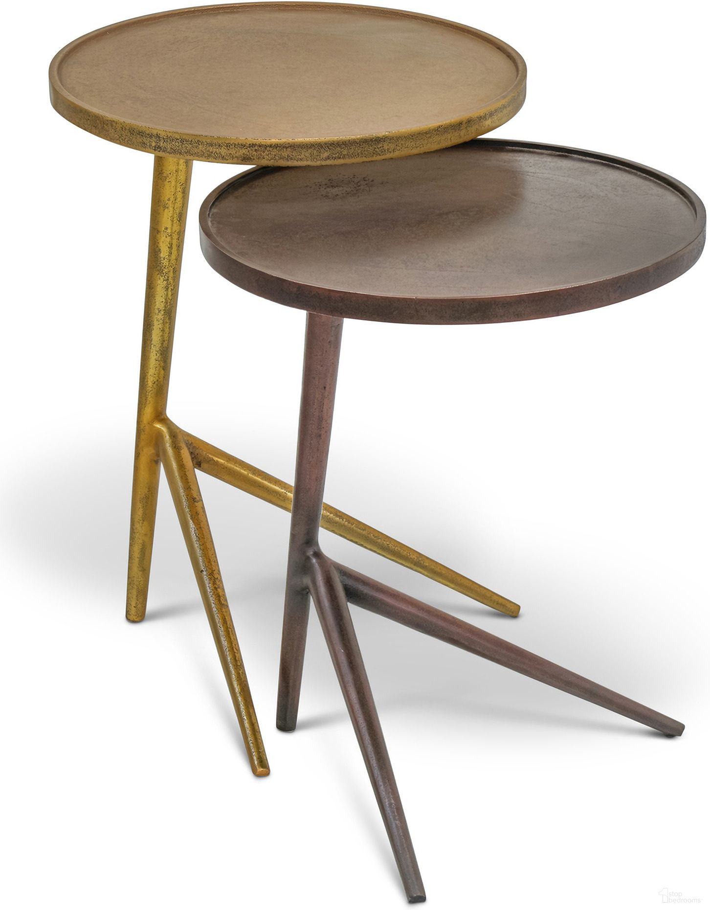 The appearance of Leo Round Nesting Set In Antique Brass And Antique Copper designed by Urbia in the modern / contemporary interior design. This antique brass/antique copper piece of furniture  was selected by 1StopBedrooms from Elements Collection to add a touch of cosiness and style into your home. Sku: IJ-LEO-ET-23AB21AC. Material: Aluminum.