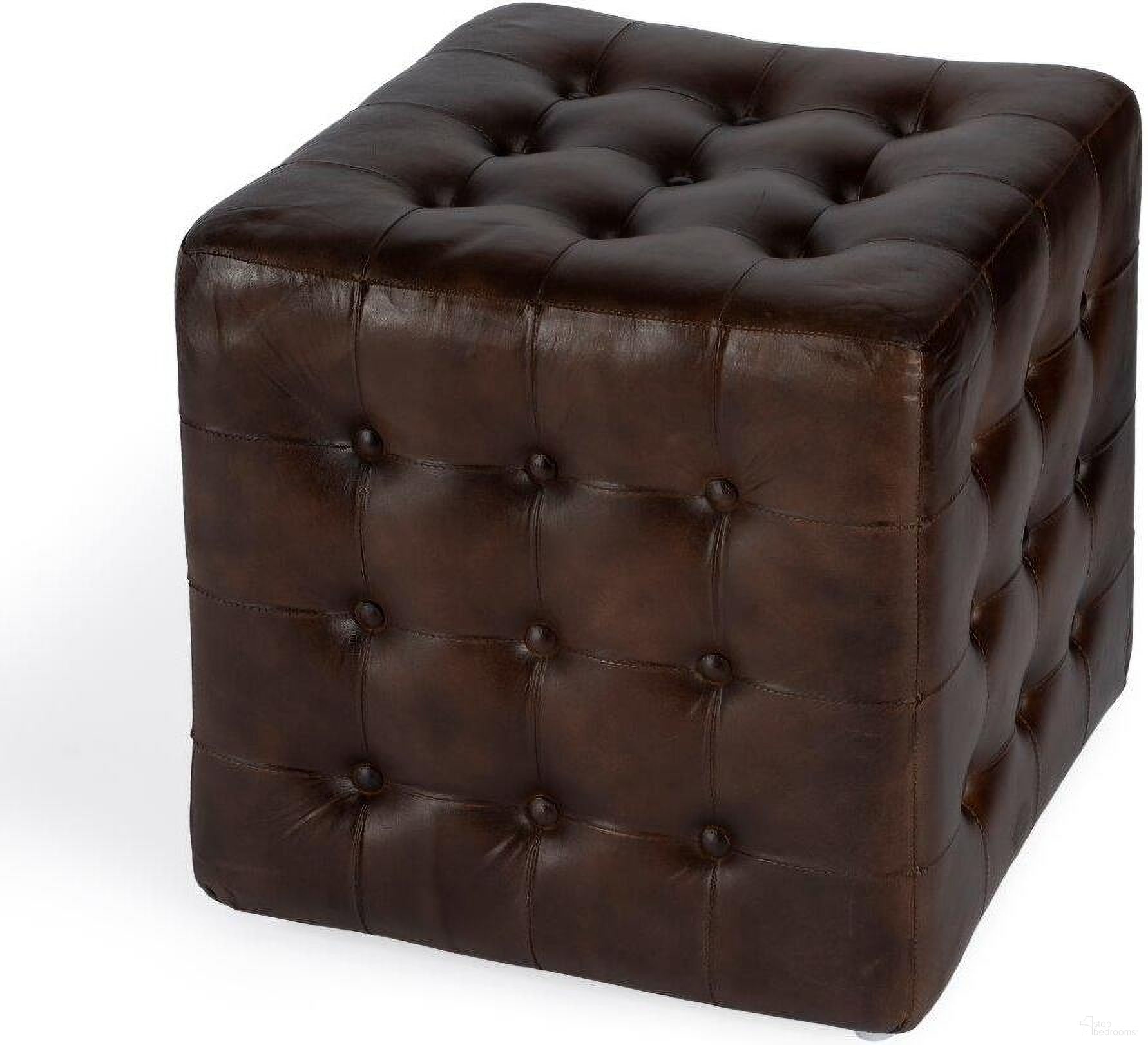 The appearance of Leon Button Tufted Leather Ottoman In Chocolate designed by Butler Specialty Company in the transitional interior design. This chocolate piece of furniture was selected by 1StopBedrooms from Claremont Collection to add a touch of cosiness and style into your home. Sku: 6165117. Material: Leather.