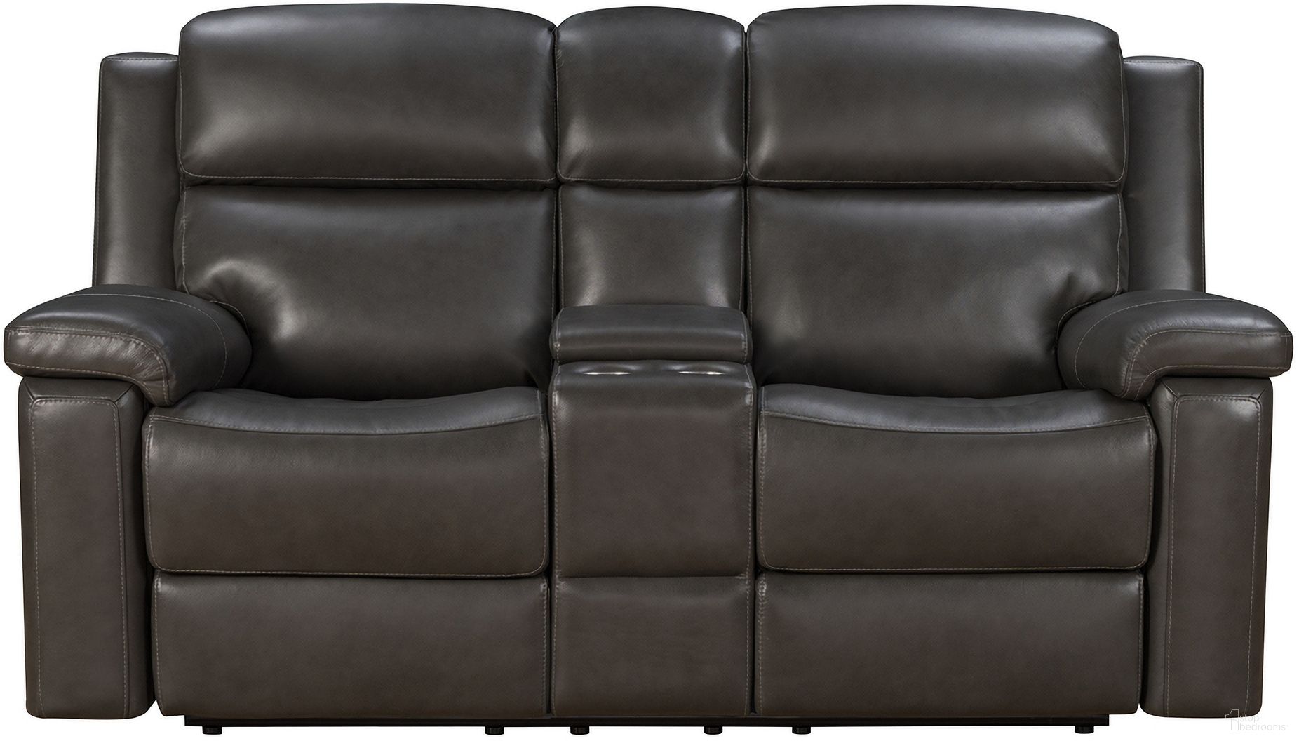The appearance of Leon Power Reclining Console Loveseat with Power Head Rests In Smoke Gray designed by BarcaLounger in the interior design. This smoke gray piece of furniture was selected by 1StopBedrooms from Leon Collection to add a touch of cosiness and style into your home. Sku: 24PHLHM1343373096. Material: Leather.