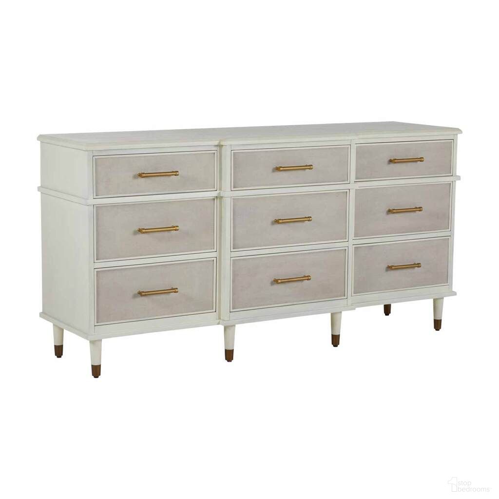 The appearance of Leona Dresser In Parchment White and Antique Brass designed by Gabby in the transitional interior design. This parchment white/antique brass piece of furniture  was selected by 1StopBedrooms from Leona Collection to add a touch of cosiness and style into your home. Sku: SCH-167270. Material: Mahogany.