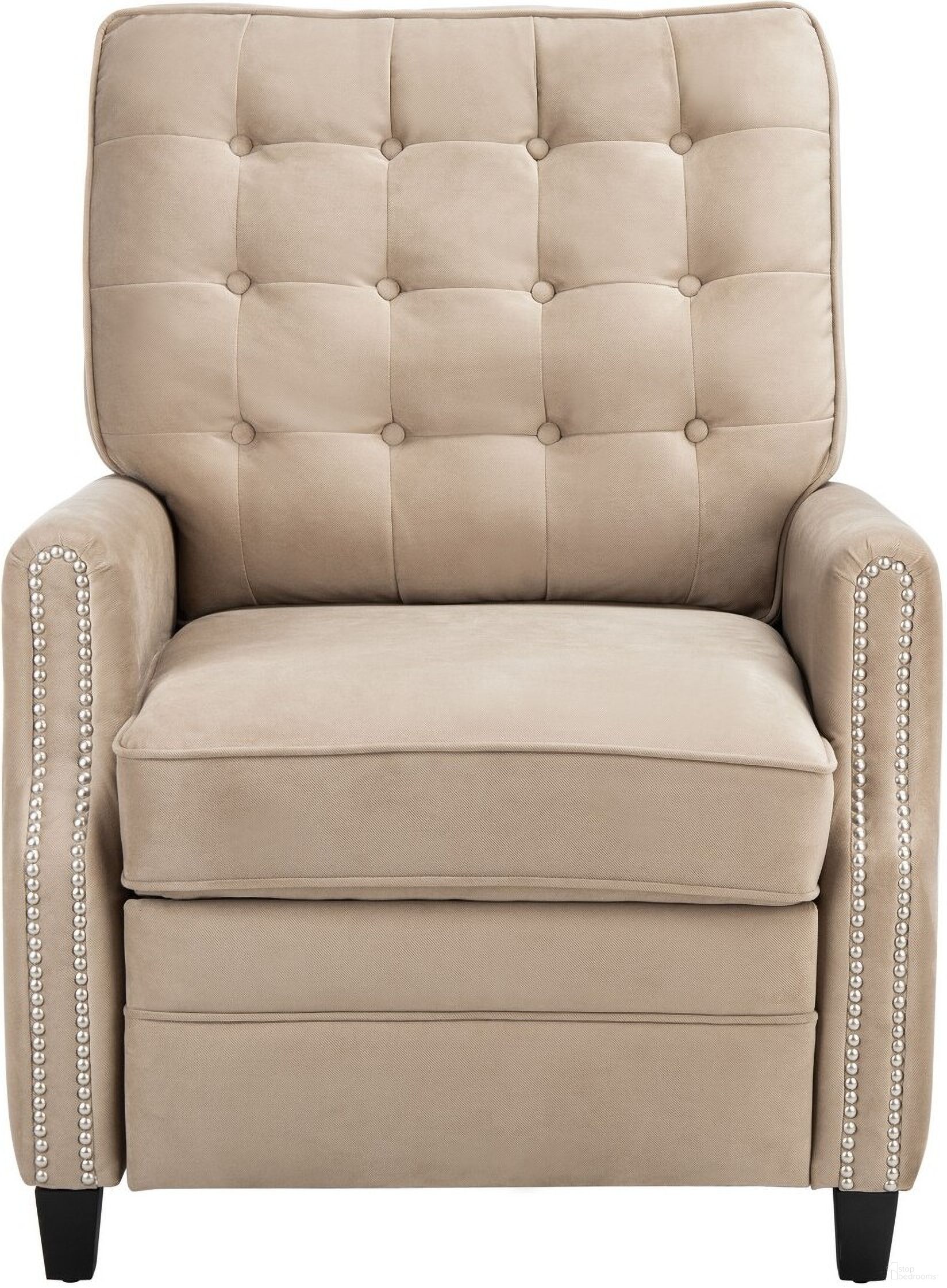 The appearance of Leona Tufted Recliner In Light Brown designed by Safavieh Couture in the glam interior design. This light brown piece of furniture was selected by 1StopBedrooms from Leona Collection to add a touch of cosiness and style into your home. Sku: KNT4094B. Material: Wood.