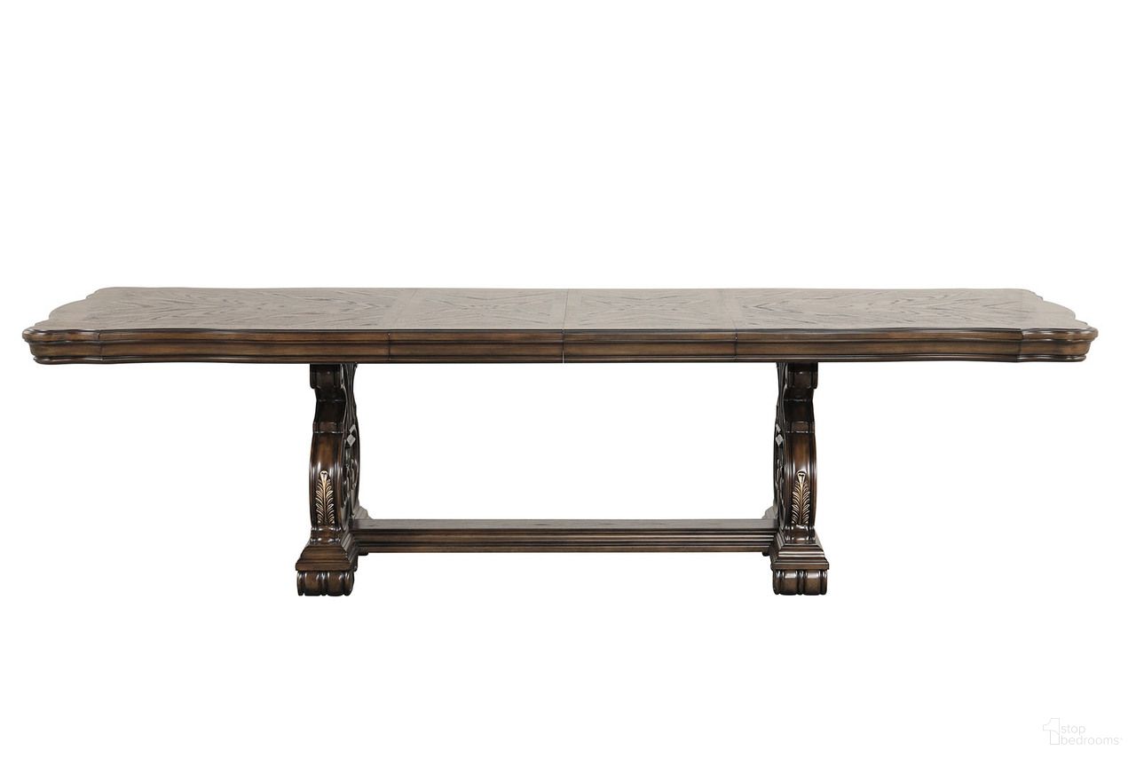 The appearance of Leovanni Dining Table In Dark Brown designed by Furniture of America in the traditional interior design. This dark brown piece of furniture was selected by 1StopBedrooms from Leovanni Collection to add a touch of cosiness and style into your home. Sku: FM31003DB-T-1;FM31003DB-T-2. Table Base Style: Trestle. Table Top Shape: Rectangular. Size: 44" x 114". Material: Solid Rubberwood.
