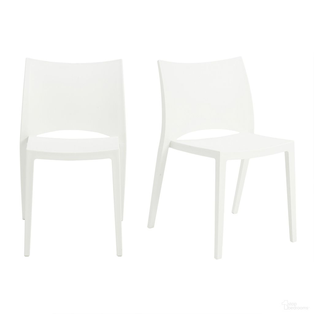 The appearance of Leslie Stackable Outdoor Side Chair Set of 2 In White designed by Euro Style in the transitional interior design. This white piece of furniture was selected by 1StopBedrooms from Leslie Collection to add a touch of cosiness and style into your home. Sku: 90034WHT-MP2. Material: Polypropylene.