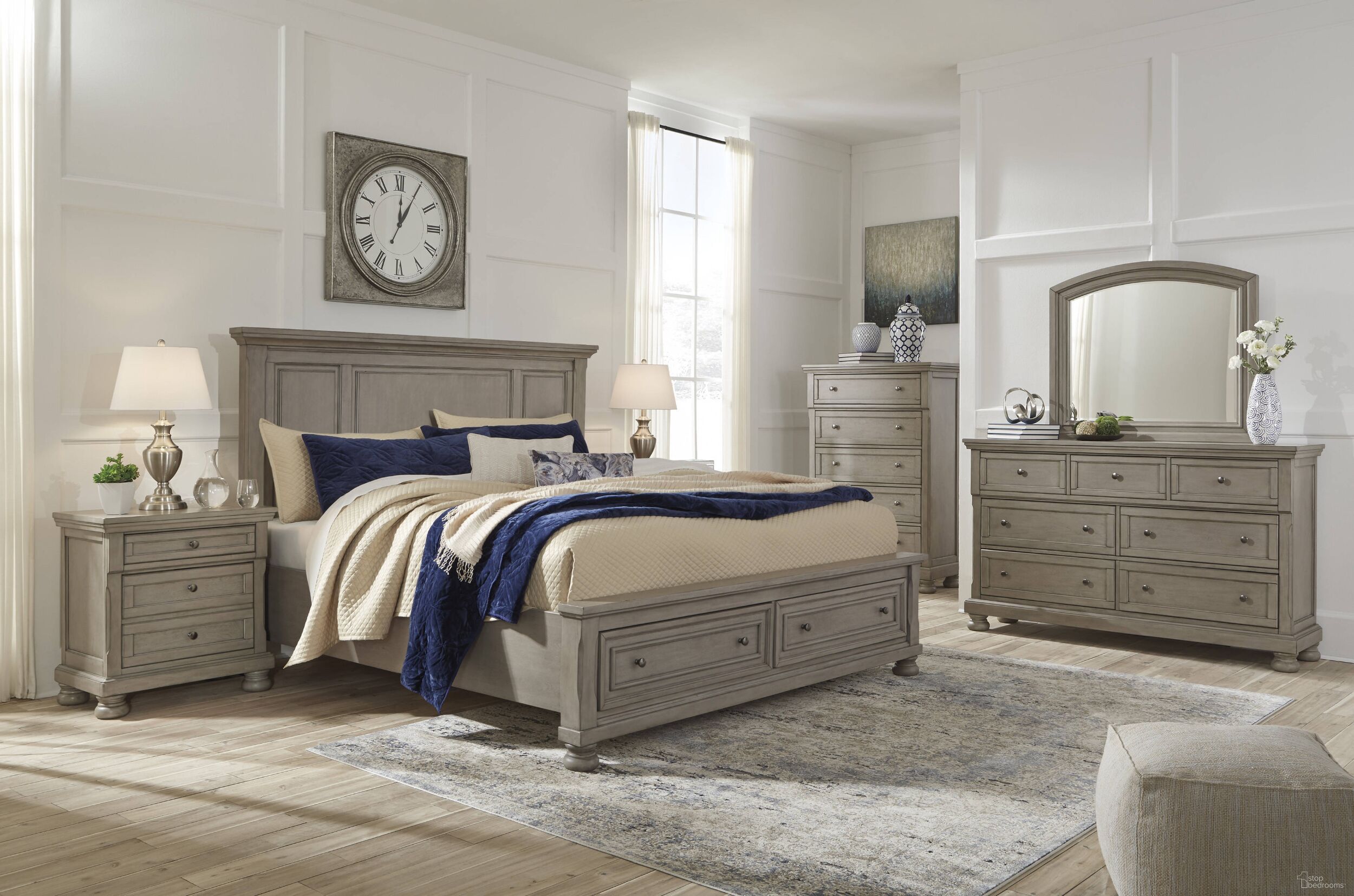 The appearance of Lettner Light Gray Panel Storage Bedroom Set designed by Signature Design by Ashley in the transitional interior design. This light gray piece of furniture was selected by 1StopBedrooms from Lettner Collection to add a touch of cosiness and style into your home. Sku: B733-74;B733-57;B733-98;B733-91. Bed Type: Storage Bed. Material: Wood. Bed Size: Queen.