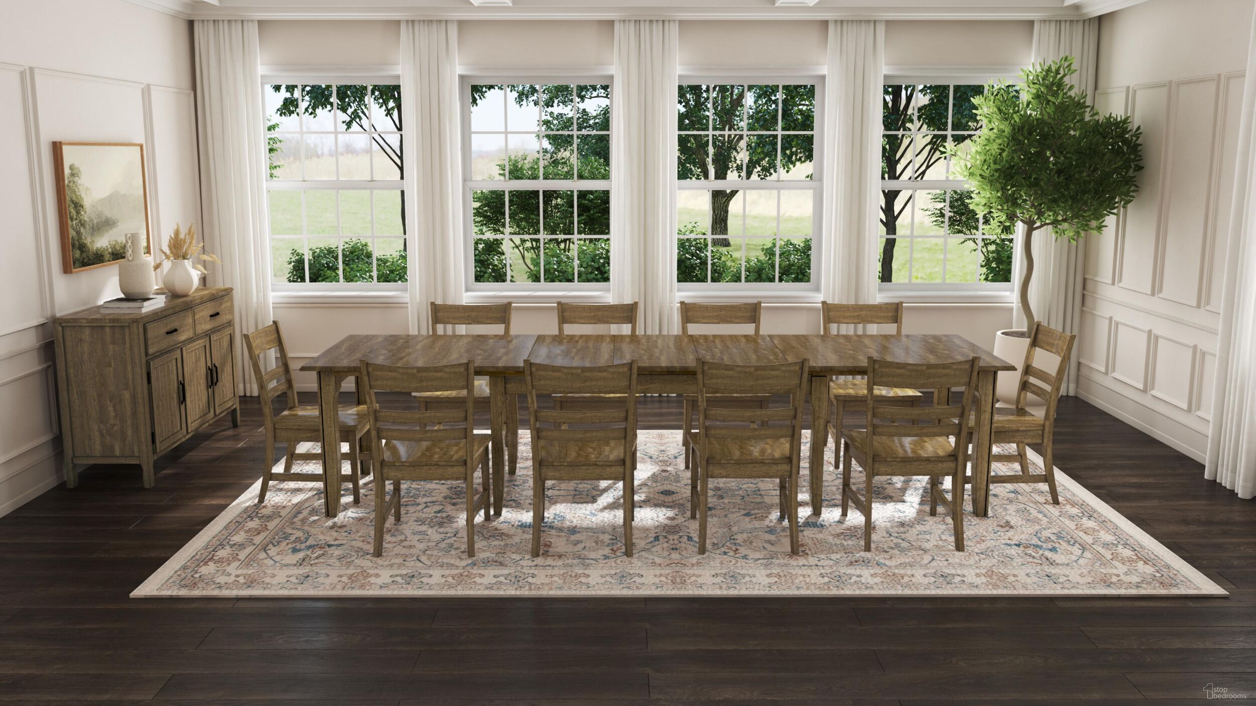 Leucadia 133.25 Inch Three Leaf Extendable Dining Room Set In Toasted Java