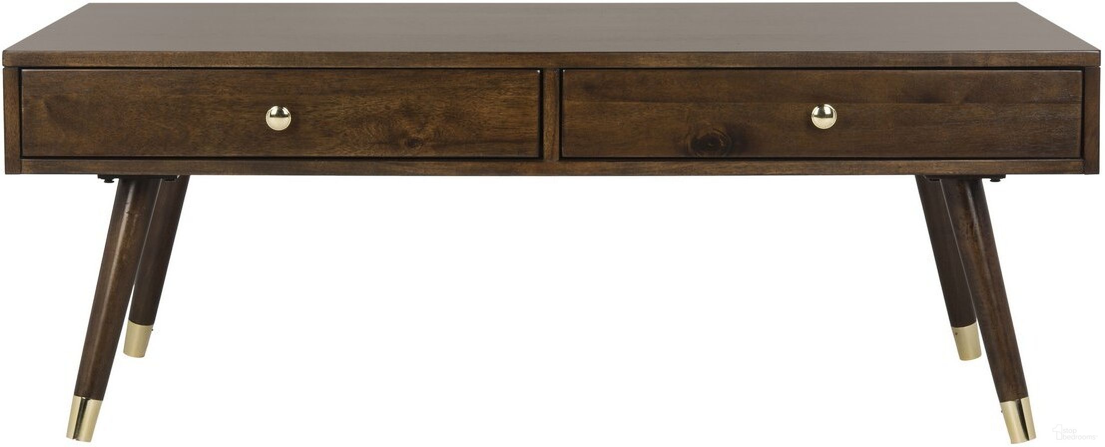 The appearance of Levinson Gold Cap Coffee Table designed by Safavieh in the modern / contemporary interior design. This brown and gold piece of furniture  was selected by 1StopBedrooms from Levinson Collection to add a touch of cosiness and style into your home. Sku: FOX6304A. Material: Brass.