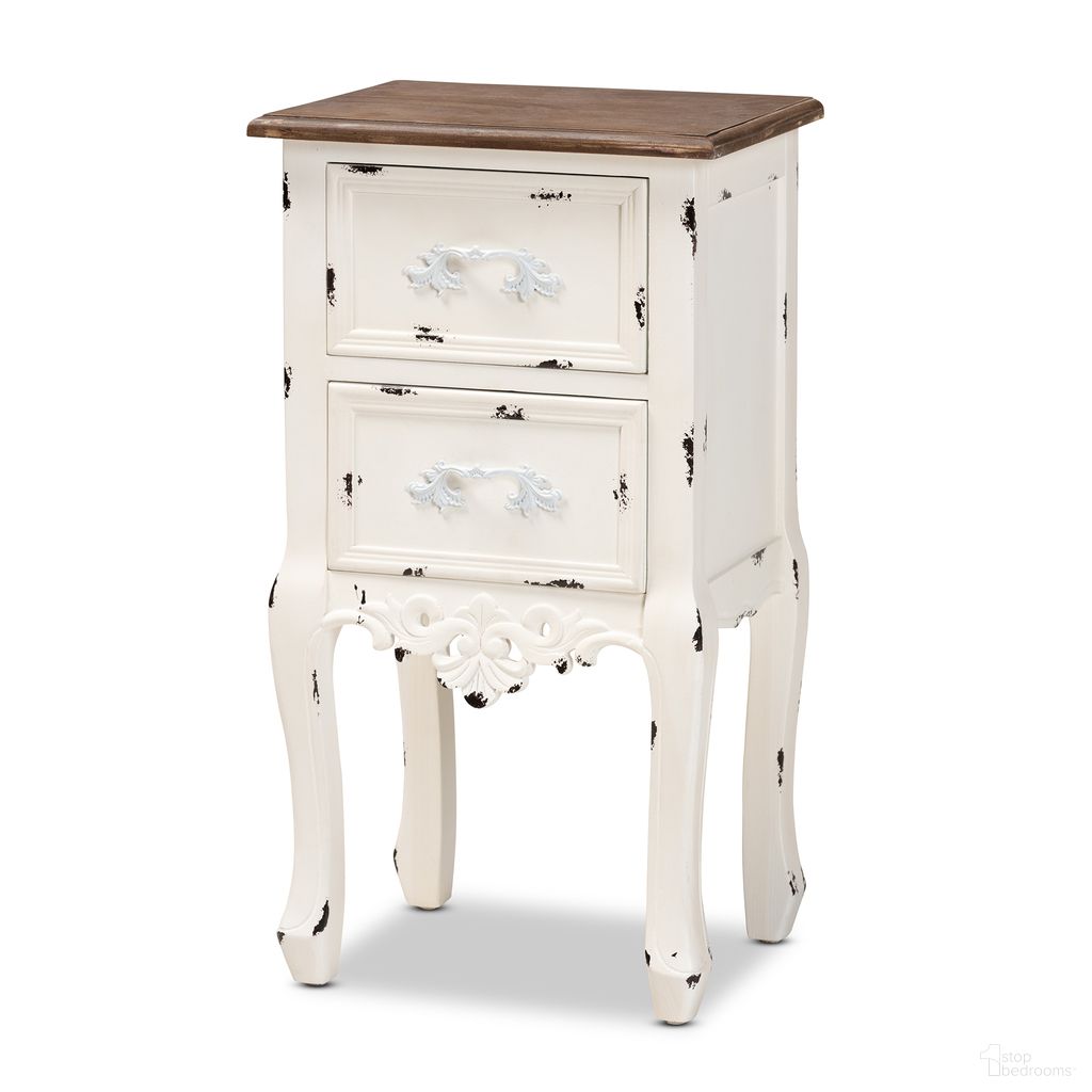 The appearance of Levron Two Tone Wood 2 Drawer End Table In Antique White and Walnut Brown designed by Baxton Studio in the traditional interior design. This white/brown piece of furniture  was selected by 1StopBedrooms from Levron Collection to add a touch of cosiness and style into your home. Sku: JY20B091-Antique White-ET. Material: Wood.