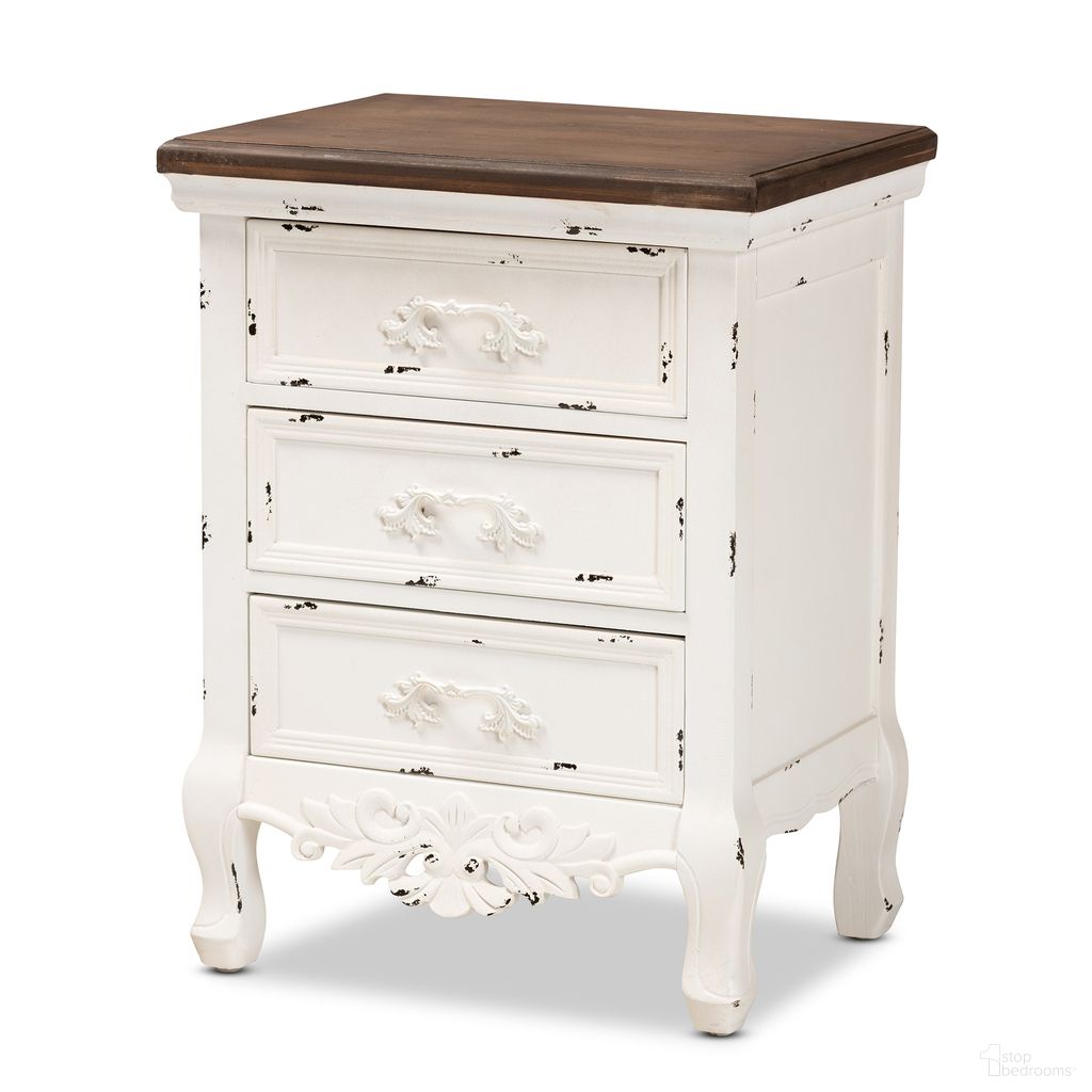The appearance of Levron Wood 3 Drawer End Table In Antique White and Walnut Brown designed by Baxton Studio in the traditional interior design. This white/brown piece of furniture  was selected by 1StopBedrooms from Levron Collection to add a touch of cosiness and style into your home. Sku: JY20B090-Antique White-ET. Material: Wood.