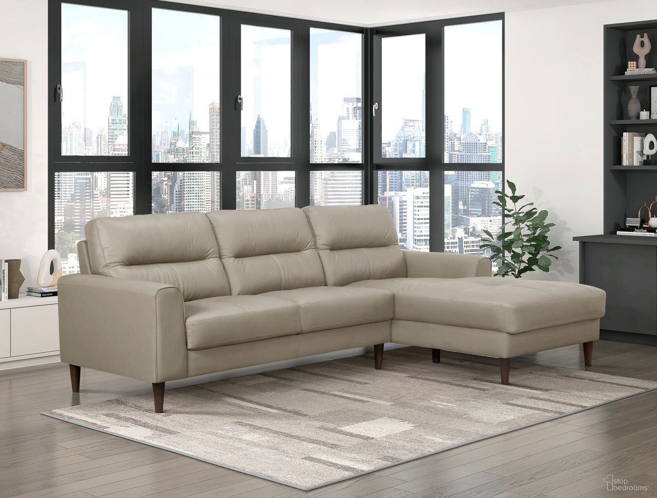 The appearance of Lewes 2-Piece Sectional with Right Chaise In Beige designed by Homelegance in the transitional interior design. This beige piece of furniture  was selected by 1StopBedrooms from Lewes Collection to add a touch of cosiness and style into your home. Sku: 8566LTE-2L;8566LTE-RC. Material: Leather. Layout: RAF.