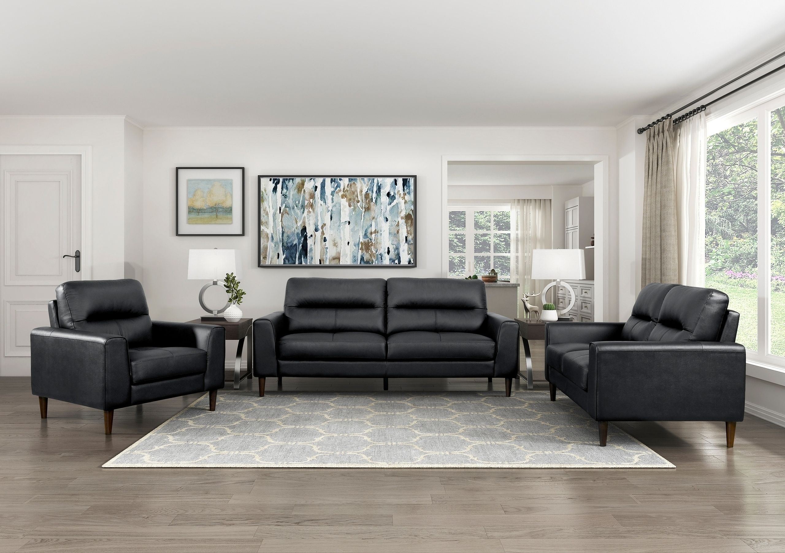 The appearance of Lewes Living Room Set In Black designed by Homelegance in the modern / contemporary interior design. This black piece of furniture was selected by 1StopBedrooms from Lewes Collection to add a touch of cosiness and style into your home. Sku: 8566BLK-3;8566BLK-2. Material: Faux Leather.