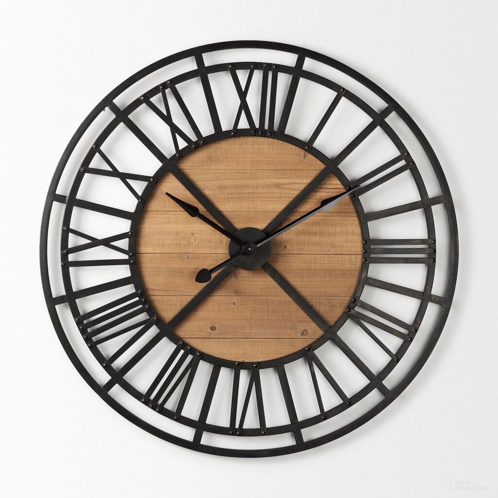 Lewiston 42.1H Iron with Wood Round Wall Clock In Black