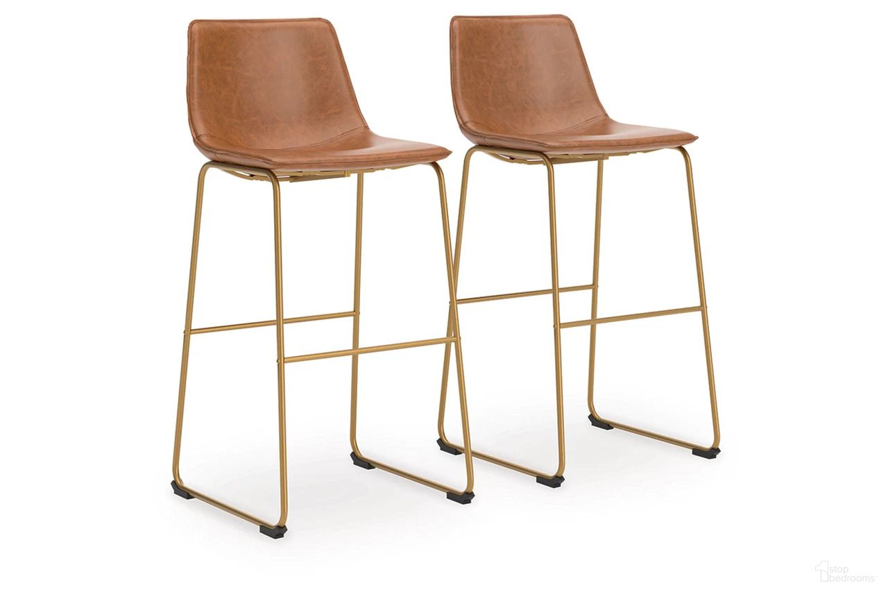 The appearance of Lexadine Bar Height Barstool Set of 2 In Brown and Gold designed by Signature Design by Ashley in the modern / contemporary interior design. This brown/gold piece of furniture was selected by 1StopBedrooms from Lexadine Collection to add a touch of cosiness and style into your home. Sku: NCD373-230. Material: Fabric.