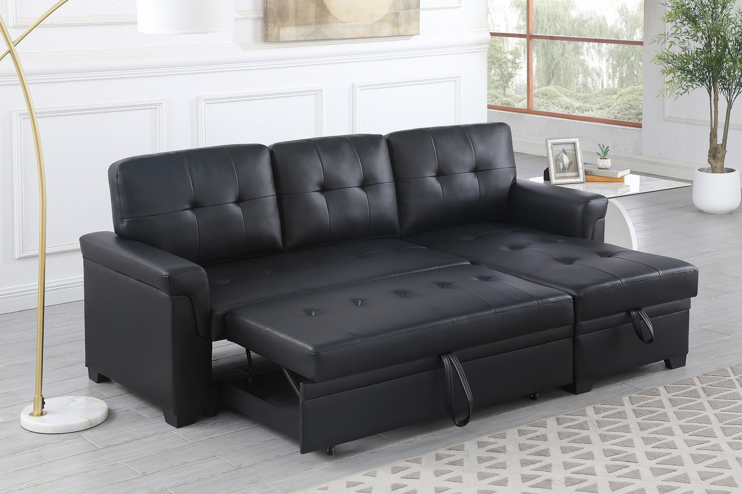The appearance of Lexi 83.5 Inch Vegan Leather Reversible Sleeper Sectional Sofa with Storage Chaise In Black designed by Lilola Home in the modern / contemporary interior design. This black piece of furniture  was selected by 1StopBedrooms from Lexi Collection to add a touch of cosiness and style into your home. Sku: 81347-A;81347-C;81347-L. Material: Leather.