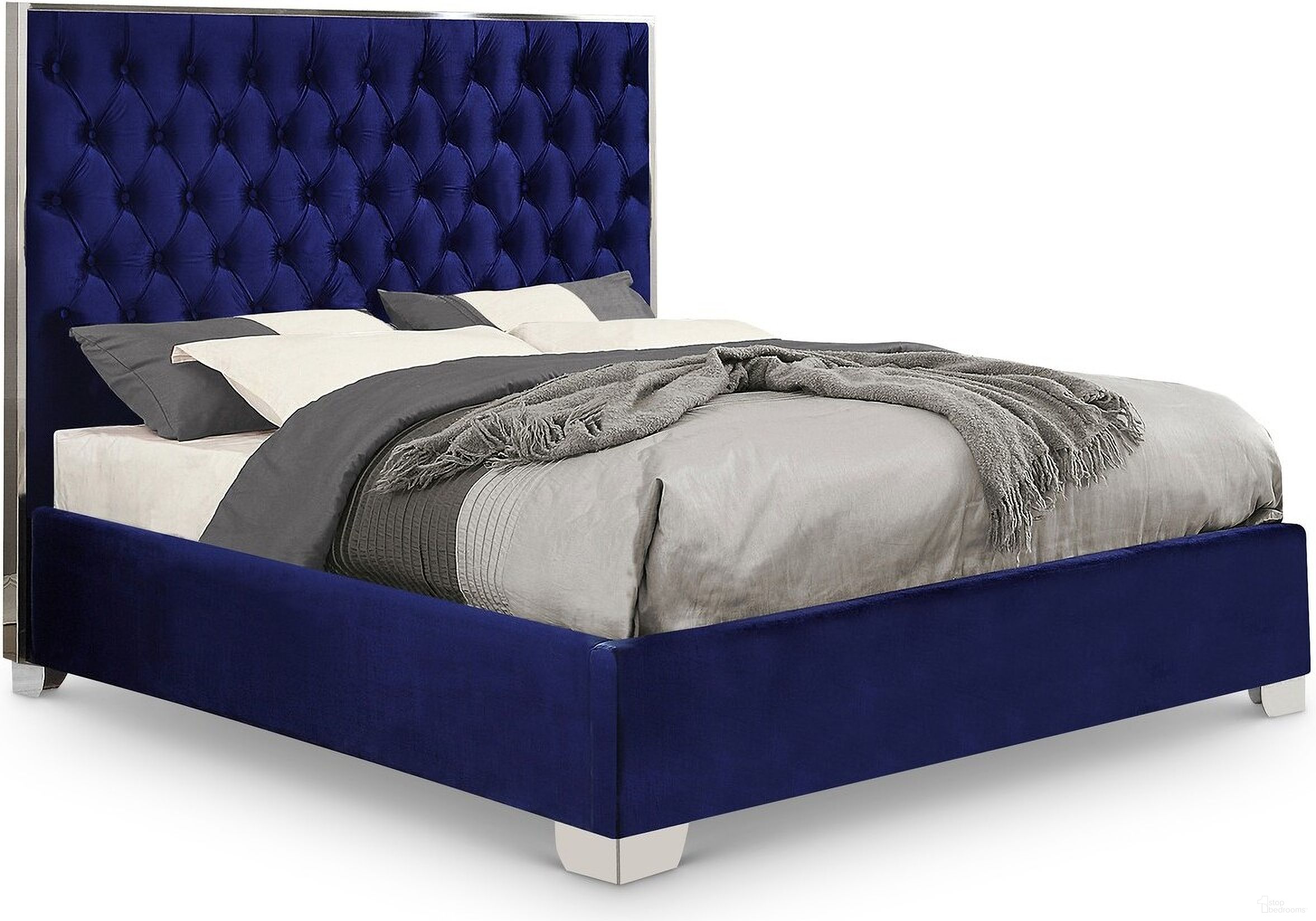 The appearance of Lexi Velvet Queen Bed In Navy designed by Meridian in the modern / contemporary interior design. This navy piece of furniture  was selected by 1StopBedrooms from Lexi Collection to add a touch of cosiness and style into your home. Sku: LexiNavy-Q Box 1/2 (HB/Slats);LexiNavy-Q Box 2/2 (FB/Rails/Metal Bar/Hardware/Legs). Bed Type: Panel Bed. Bed Size: Queen. Material: Velvet.