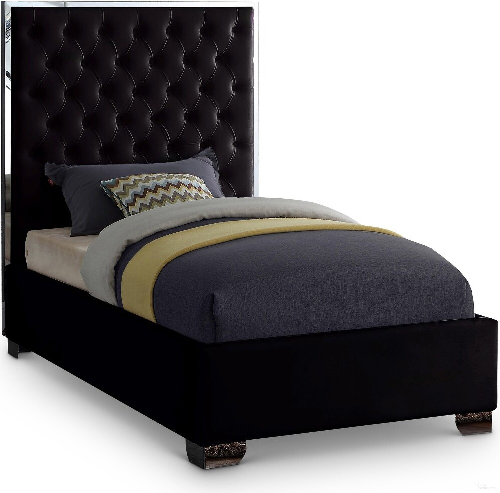 The appearance of Lexi Velvet Twin Bed In Black designed by Meridian in the modern / contemporary interior design. This black piece of furniture  was selected by 1StopBedrooms from Lexi Collection to add a touch of cosiness and style into your home. Sku: LexiBlack-T Box 1/2 (HB/Slats);LexiBlack-T Box 2/2 (FB/Rails/Metal Bar/Hardware/Legs). Bed Type: Panel Bed. Bed Size: Twin. Material: Velvet.