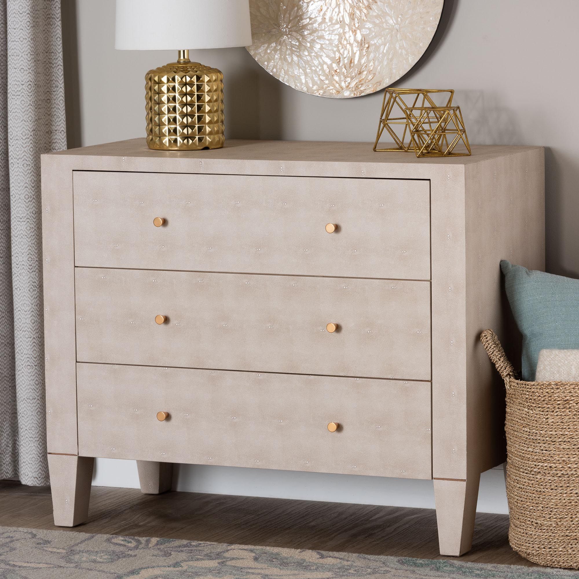 Leyna Faux Shagreen 3 Drawer Storage Cabinet In Beige and Brass