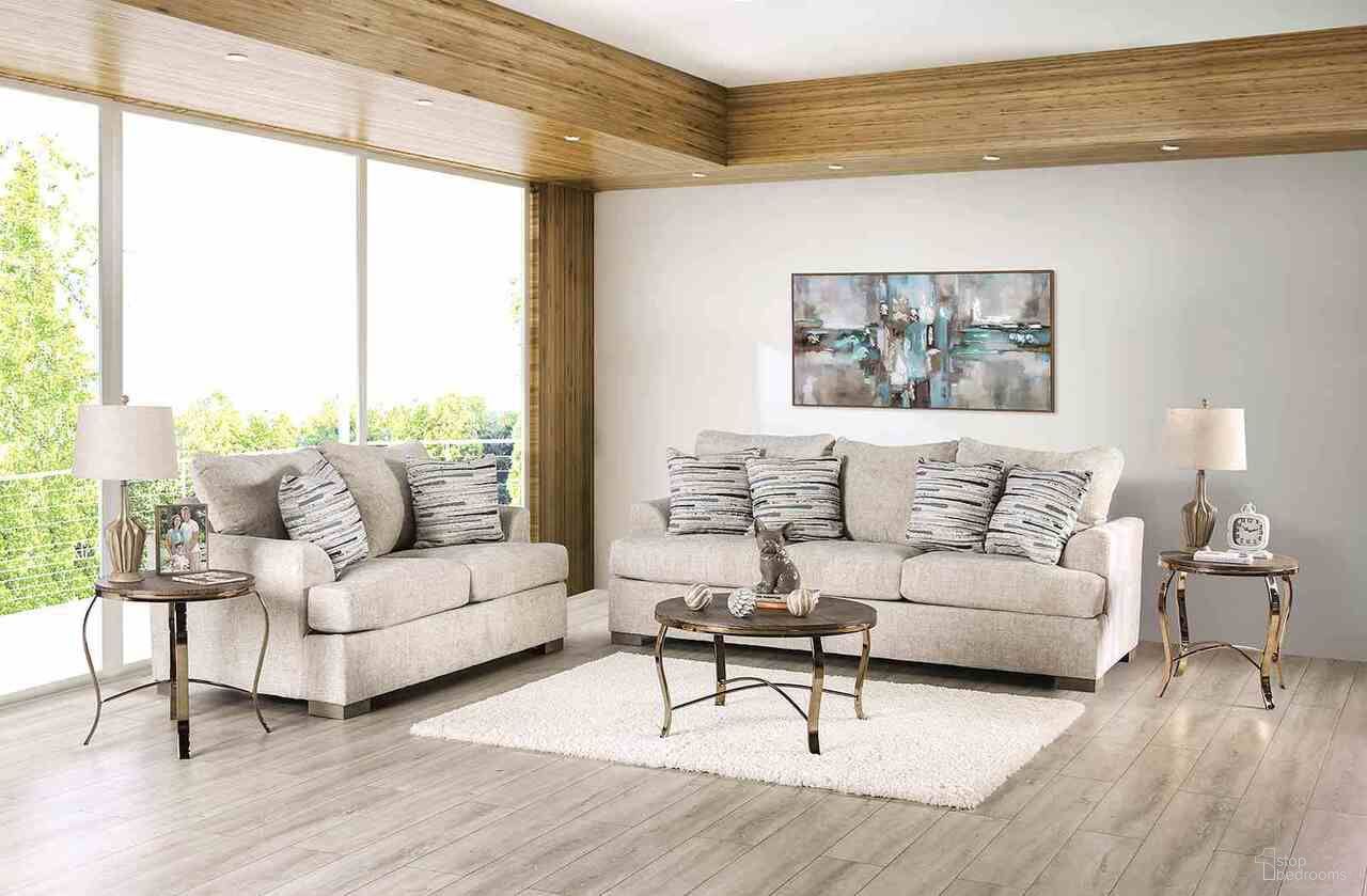 The appearance of Leytonstone Living Room Set In Cream designed by Furniture of America in the transitional interior design. This cream piece of furniture  was selected by 1StopBedrooms from Leytonstone Collection to add a touch of cosiness and style into your home. Sku: SM1209-SF;SM1209-LV. Material: Fabric.