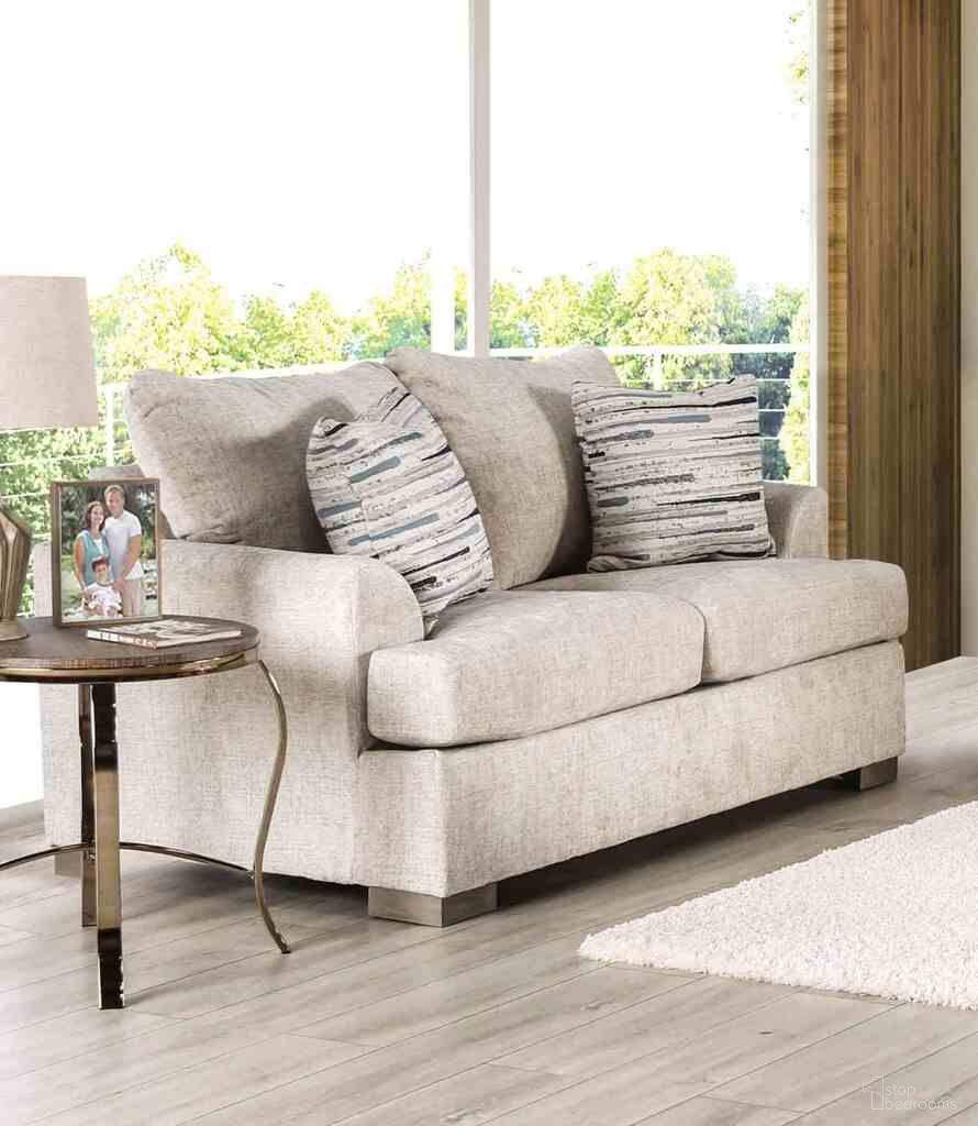 The appearance of Leytonstone Loveseat In Cream designed by Furniture of America in the transitional interior design. This cream piece of furniture was selected by 1StopBedrooms from Leytonstone Collection to add a touch of cosiness and style into your home. Sku: SM1209-LV. Material: Fabric.