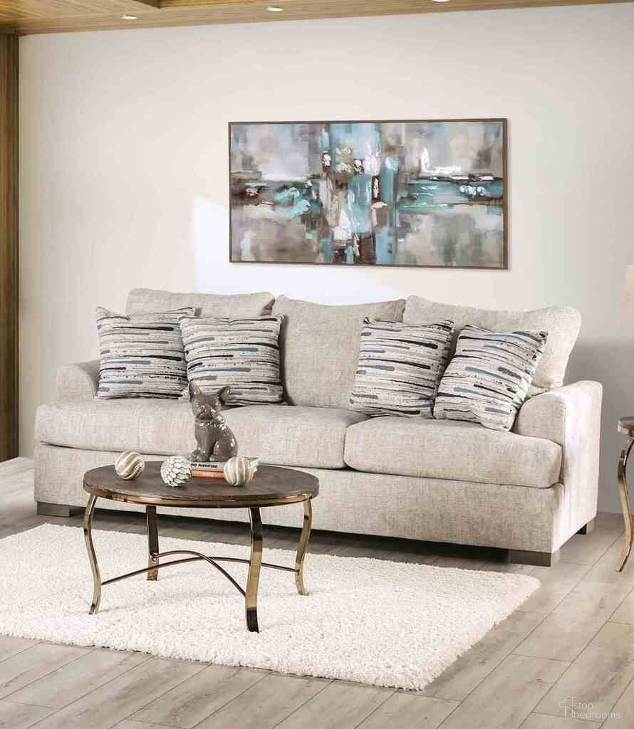 The appearance of Leytonstone Sofa In Cream designed by Furniture of America in the transitional interior design. This cream piece of furniture  was selected by 1StopBedrooms from Leytonstone Collection to add a touch of cosiness and style into your home. Sku: SM1209-SF. Material: Fabric.