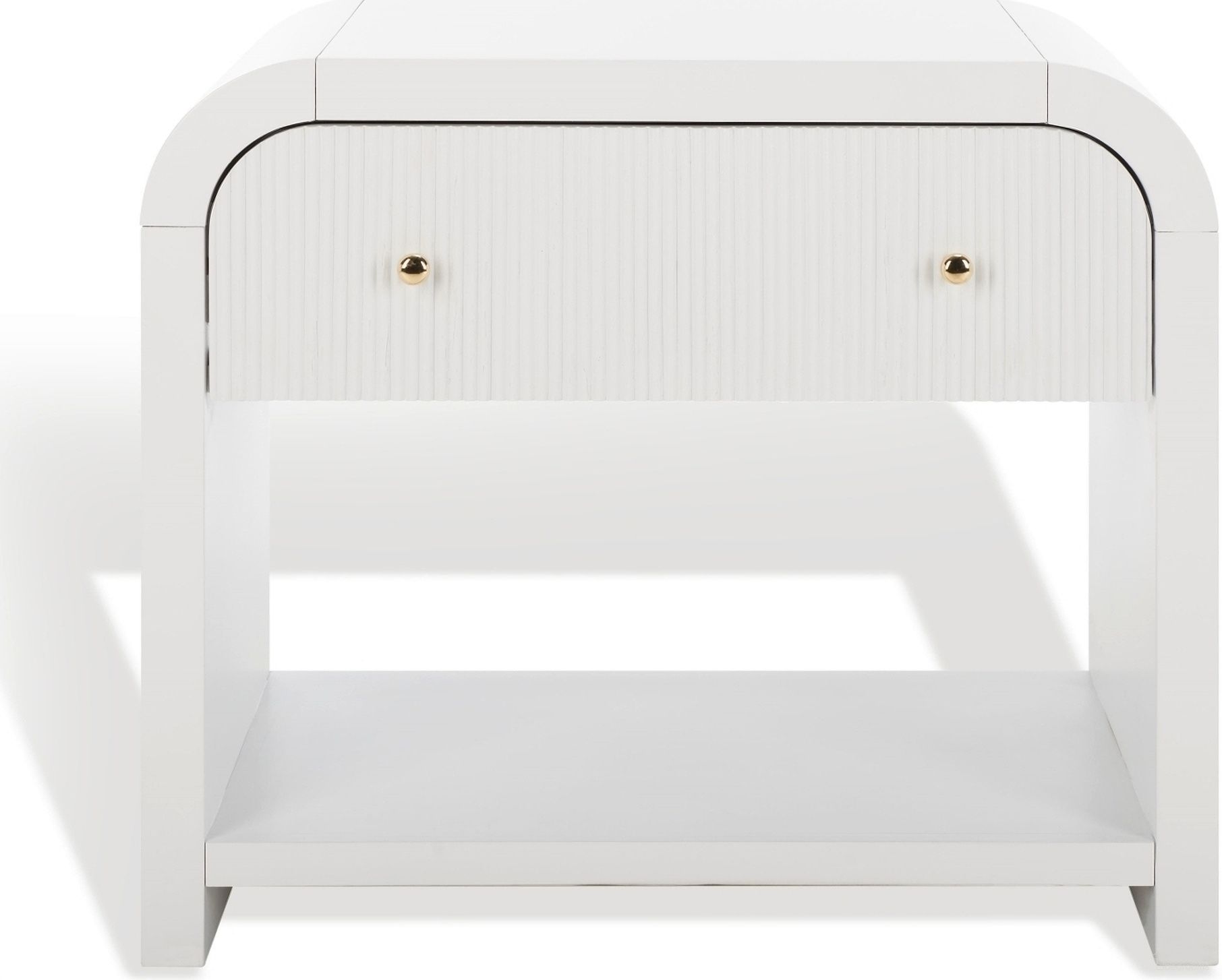 The appearance of Liabella 1 Drawer Curved Nightstand In White and Gold designed by Safavieh Couture in the modern / contemporary interior design. This white and gold piece of furniture was selected by 1StopBedrooms from Liabella Collection to add a touch of cosiness and style into your home. Sku: SFV2145A. Material: Wood.
