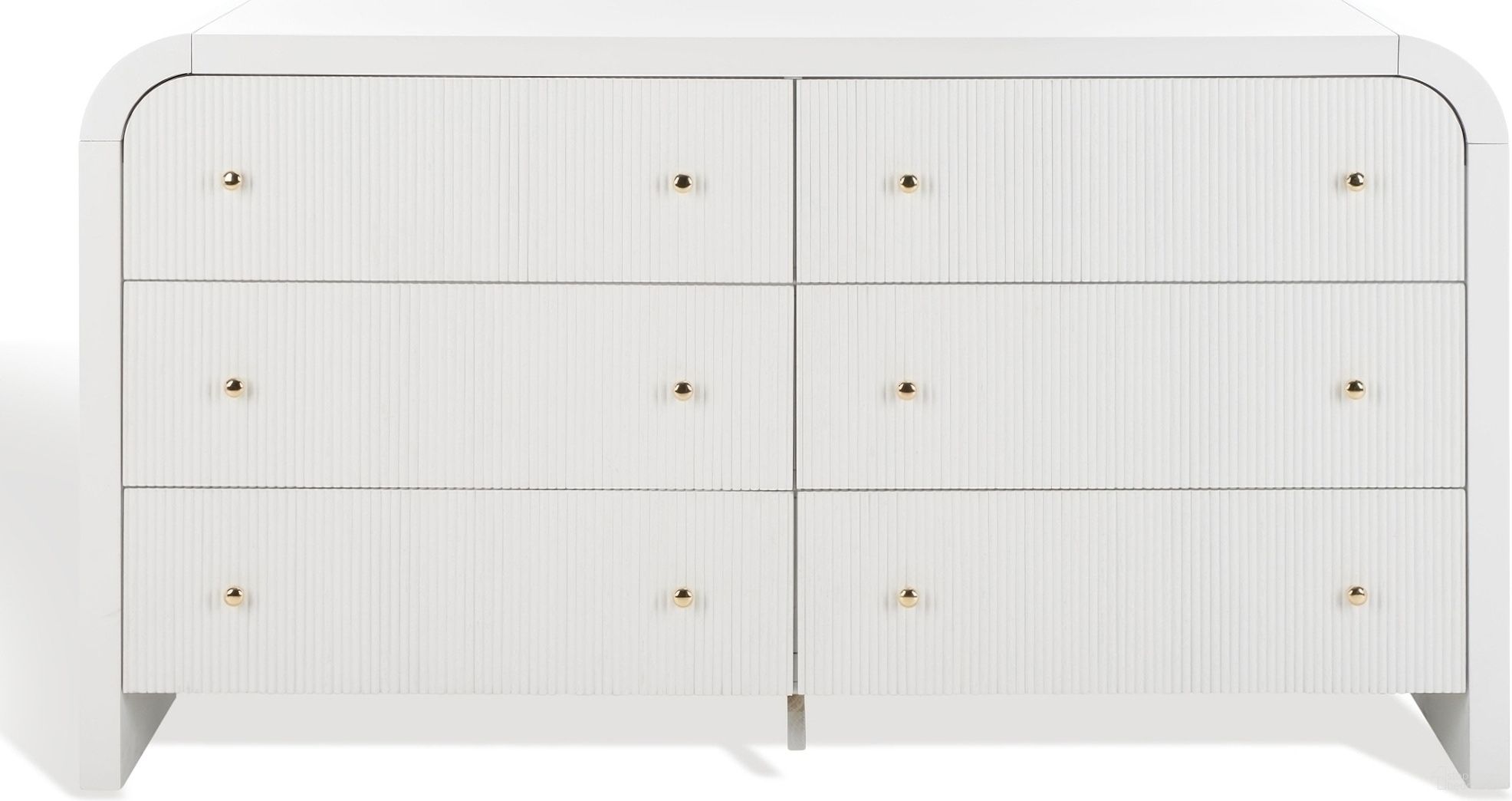 The appearance of Liabella 6 Drawer Curved Dresser In White and Gold designed by Safavieh Couture in the modern / contemporary interior design. This white and gold piece of furniture  was selected by 1StopBedrooms from Liabella Collection to add a touch of cosiness and style into your home. Sku: SFV2144A. Material: Wood.