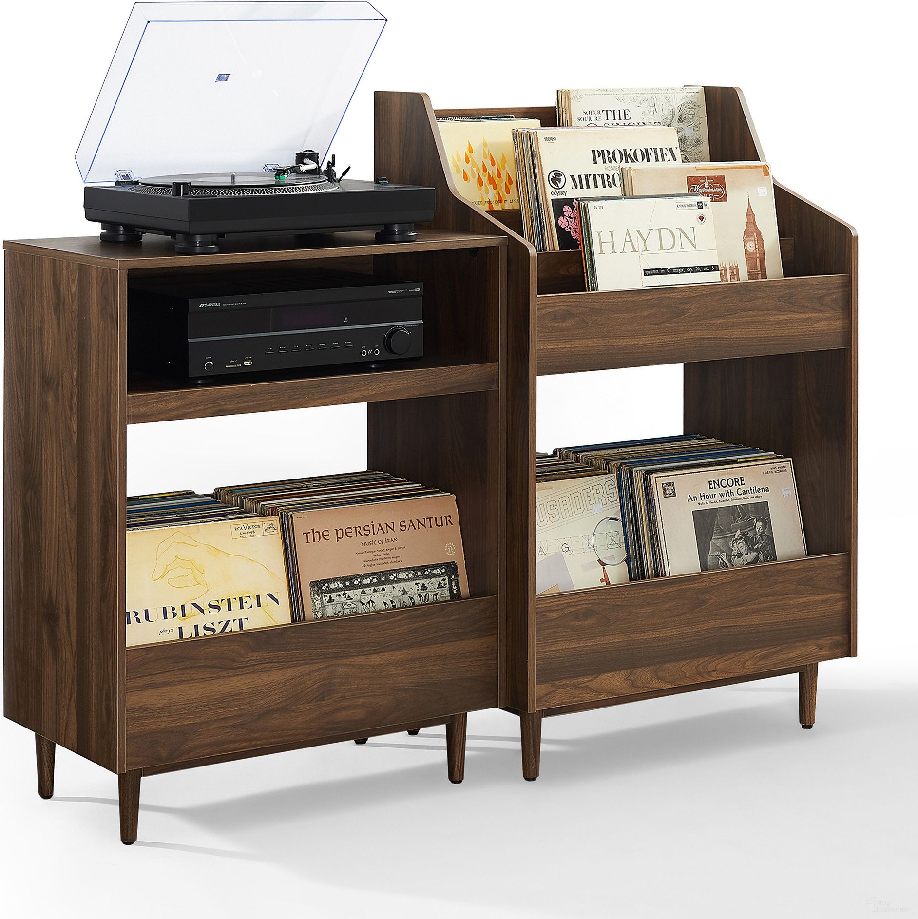The appearance of Liam 2 Piece Record Player Stand and Vinyl Storage Set In Walnut designed by Crosley Brands in the transitional interior design. This walnut piece of furniture  was selected by 1StopBedrooms from Liam Collection to add a touch of cosiness and style into your home. Sku: CF1123-WA;CF1125-WA. Material: MDF.