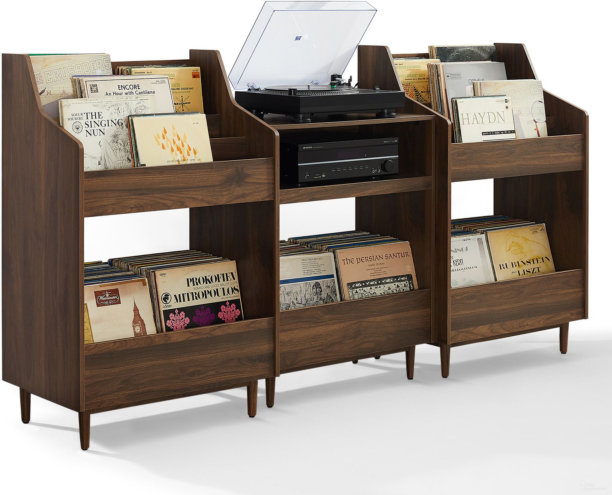 The appearance of Liam 3 Piece Record Player Stand and Vinyl Storage Set In Walnut designed by Crosley Brands in the transitional interior design. This walnut piece of furniture was selected by 1StopBedrooms from Liam Collection to add a touch of cosiness and style into your home. Sku: CF1123-WA;CF1123-WA;CF1125-WA. Material: MDF.