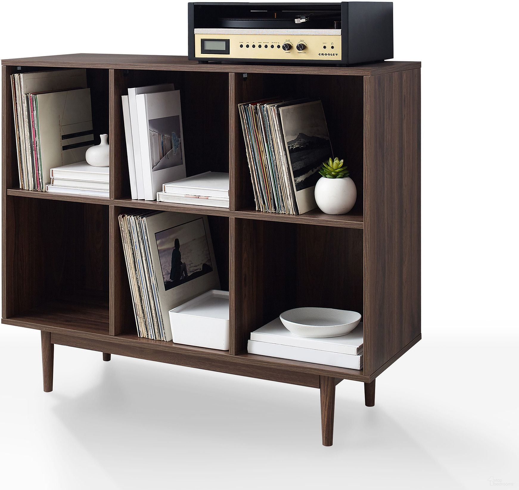 The appearance of Liam 6 Cube Record Storage Bookcase In Walnut designed by Crosley Brands in the transitional interior design. This walnut piece of furniture  was selected by 1StopBedrooms from Liam Collection to add a touch of cosiness and style into your home. Sku: CF1121-WA. Material: MDF.