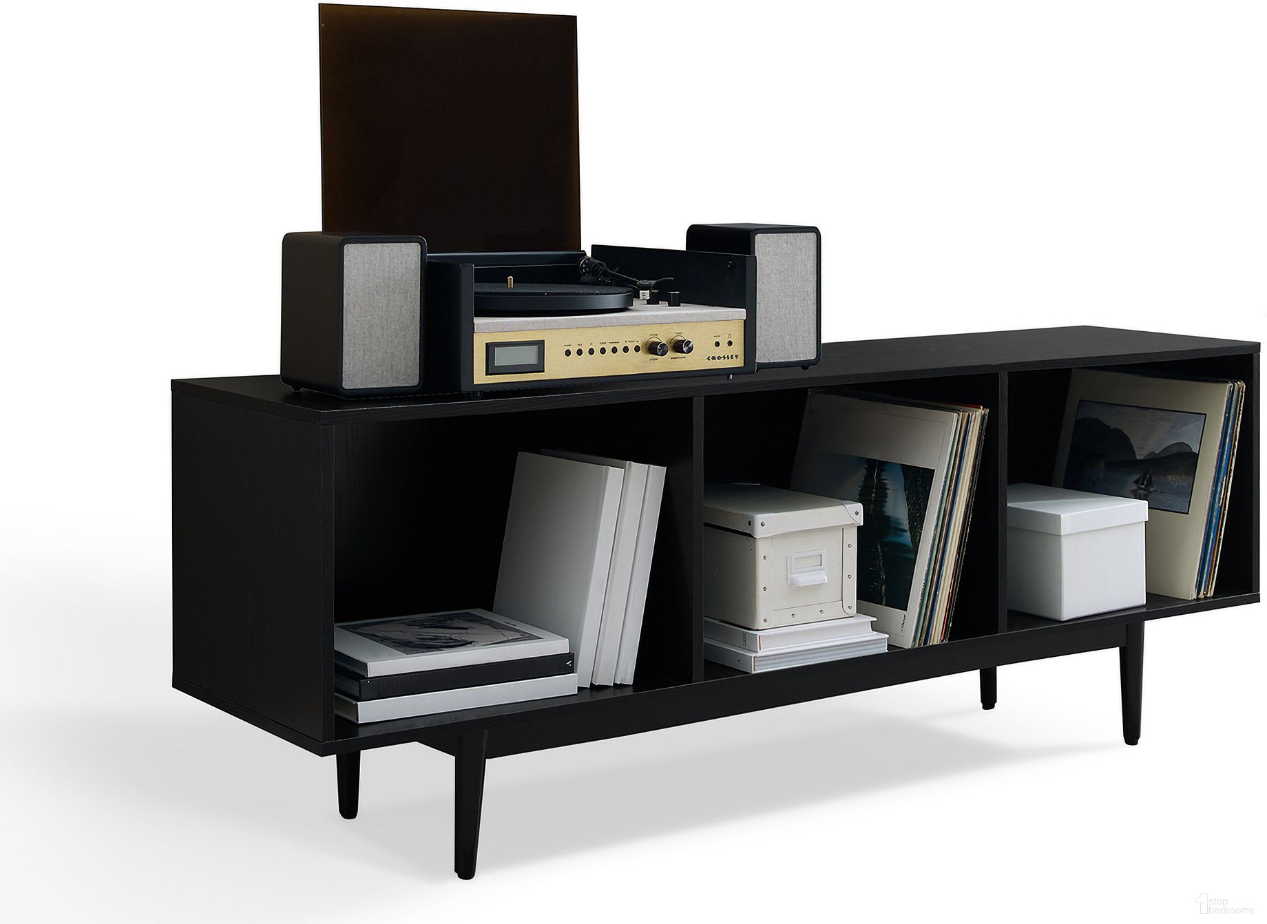 The appearance of Liam Large Record Storage Console Cabinet In Black designed by Crosley Brands in the transitional interior design. This black piece of furniture was selected by 1StopBedrooms from Liam Collection to add a touch of cosiness and style into your home. Sku: CF1115-BK. Material: Particle Board.