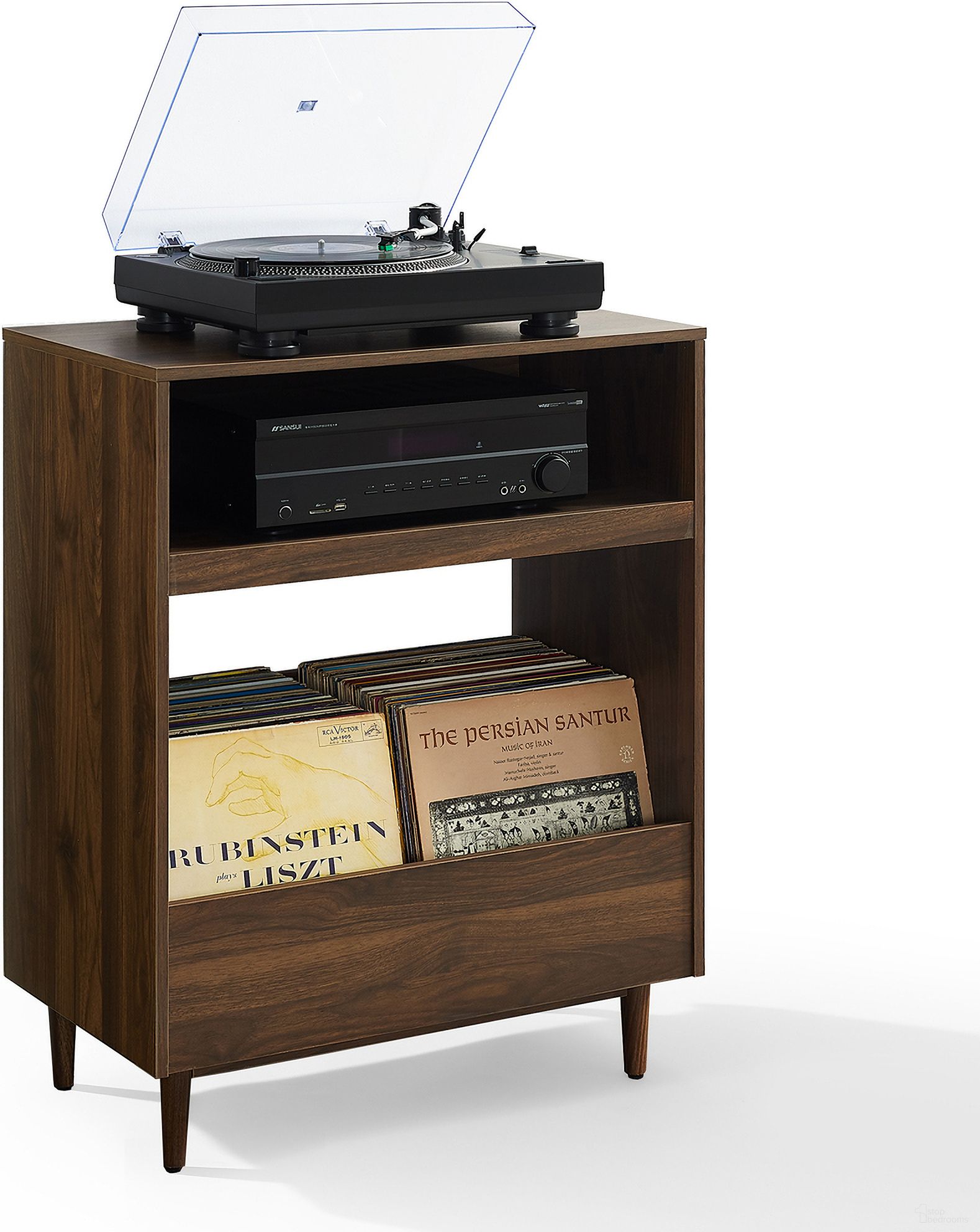The appearance of Liam Record Player Stand In Walnut designed by Crosley Brands in the transitional interior design. This walnut piece of furniture  was selected by 1StopBedrooms from Liam Collection to add a touch of cosiness and style into your home. Sku: CF1125-WA. Material: MDF.