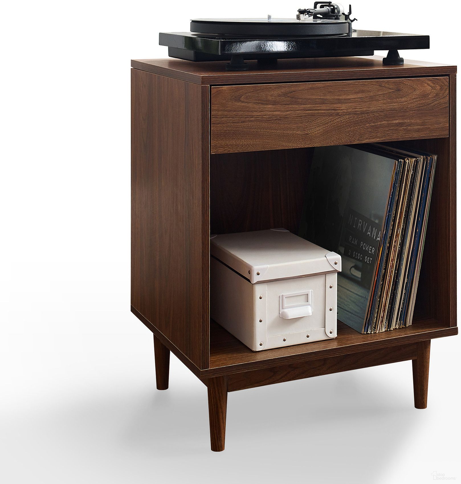 The appearance of Liam Record Storage Side Table In Walnut designed by Crosley Brands in the transitional interior design. This walnut piece of furniture was selected by 1StopBedrooms from Liam Collection to add a touch of cosiness and style into your home. Sku: CF1117-WA. Material: Particle Board.