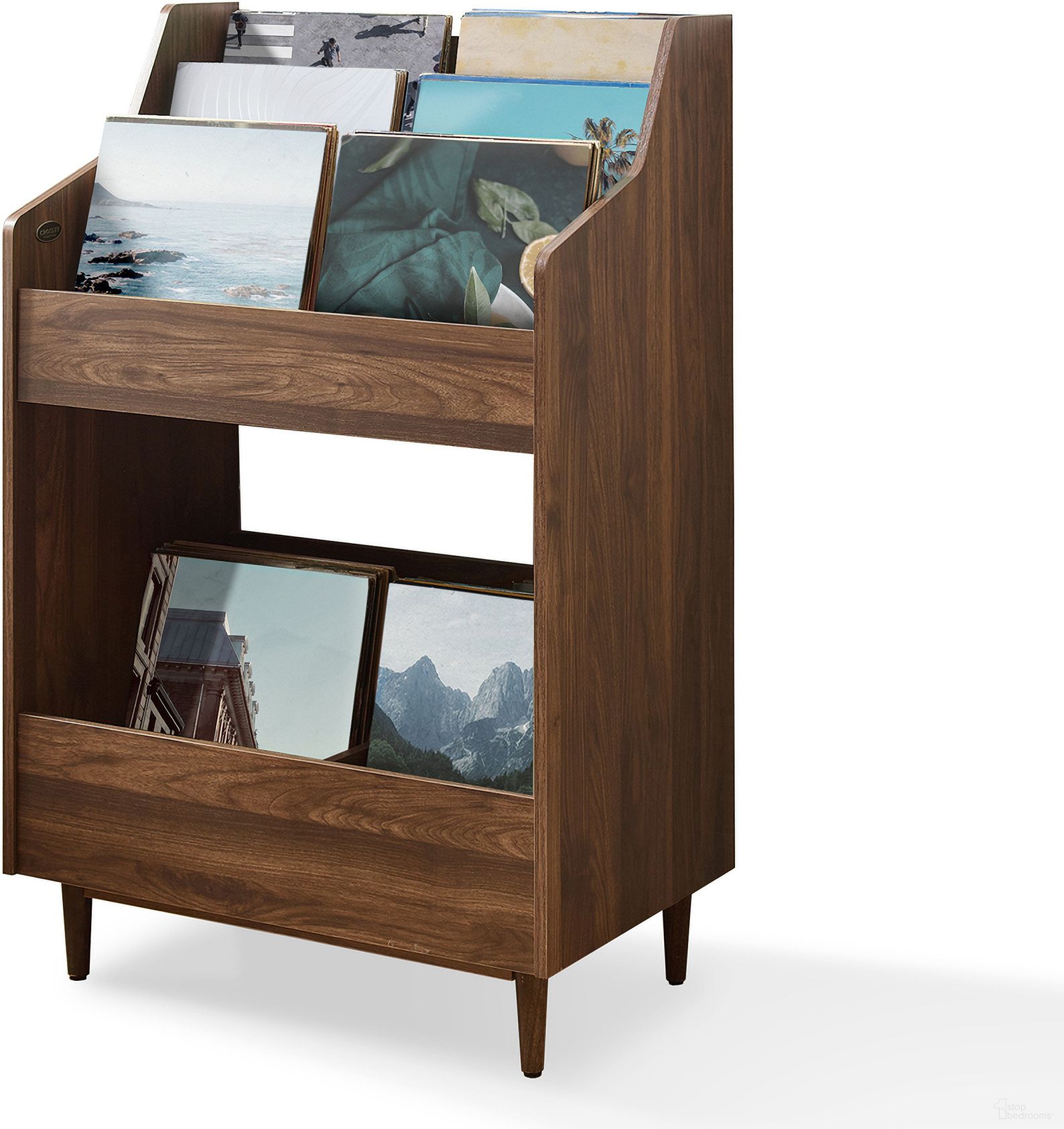 The appearance of Liam Record Storage Stand In Walnut designed by Crosley Brands in the transitional interior design. This walnut piece of furniture was selected by 1StopBedrooms from Liam Collection to add a touch of cosiness and style into your home. Sku: CF1123-WA. Material: MDF.