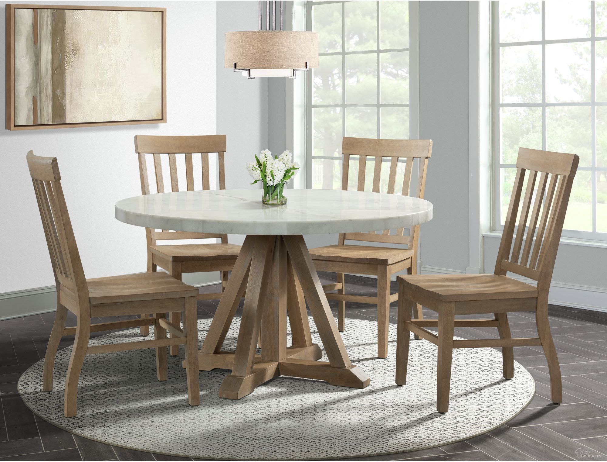 The appearance of Liam White And Natural Round Dining Room Set designed by Picket House in the transitional interior design. This beige and gray piece of furniture was selected by 1StopBedrooms from Liam Collection to add a touch of cosiness and style into your home. Sku: CDLW180RDTW;CDLW180RDTB;CDLW100SC. Table Base Style: Pedestal. Material: Rubberwood. Size: 54".