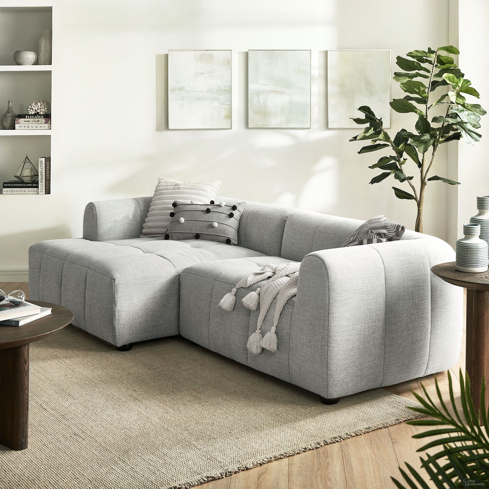 The appearance of Liana Left-Facing Upholstered Fabric Modular Sofa with Chaise In Pewter designed by Modway in the modern / contemporary interior design. This pewter piece of furniture  was selected by 1StopBedrooms from Liana Collection to add a touch of cosiness and style into your home. Sku: EEI-6868-PEW-1;EEI-6868-PEW-2. Material: Fabric.