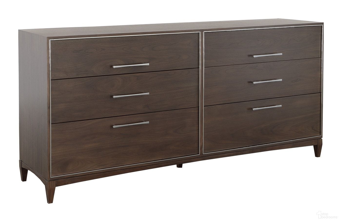 The appearance of Libby Langdon Farley Six Drawer Dresser In Smoked Stone designed by Fairfield Chair in the modern / contemporary interior design. This smoked stone piece of furniture  was selected by 1StopBedrooms from Libby Langdon Collection to add a touch of cosiness and style into your home. Sku: 6322-17. Material: Walnut Wood.