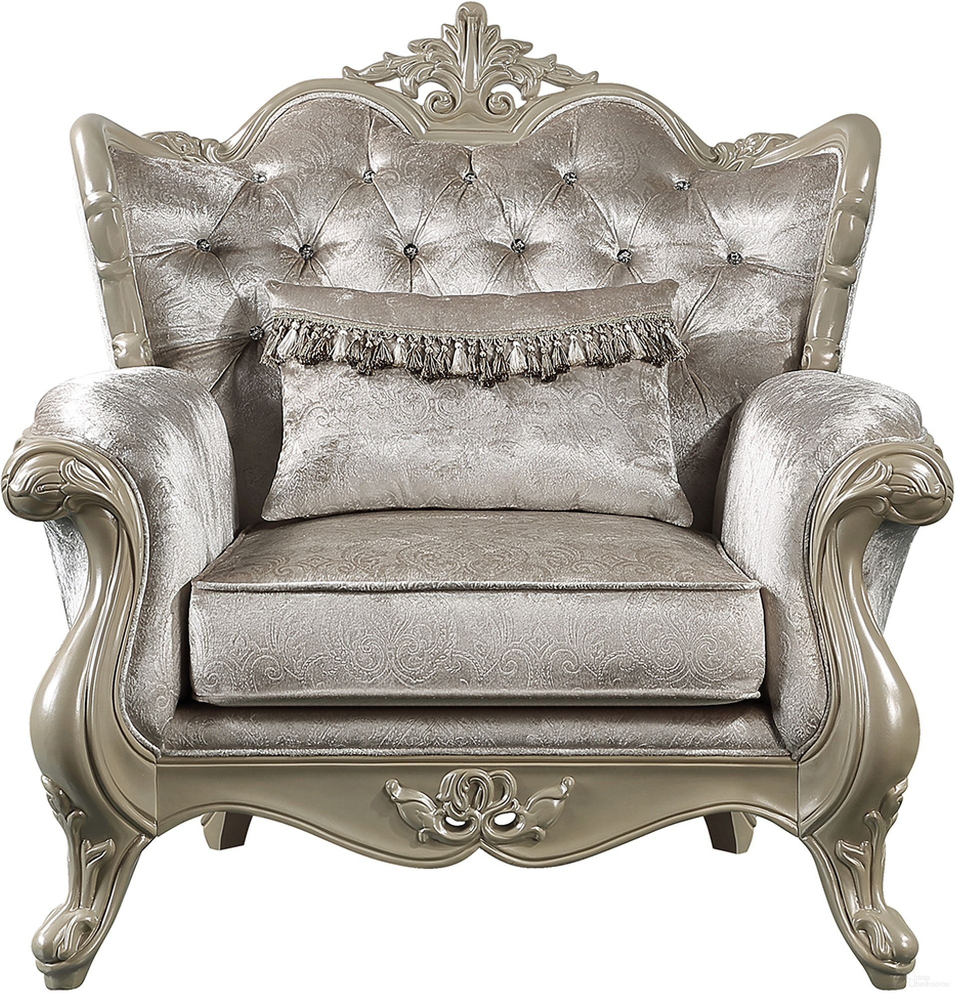 The appearance of Libertee Chair with Pillow In Beige and Champagne designed by ACME in the transitional interior design. This beige and champagne piece of furniture  was selected by 1StopBedrooms from Libertee Collection to add a touch of cosiness and style into your home. Sku: LV03822. Material: Wood.