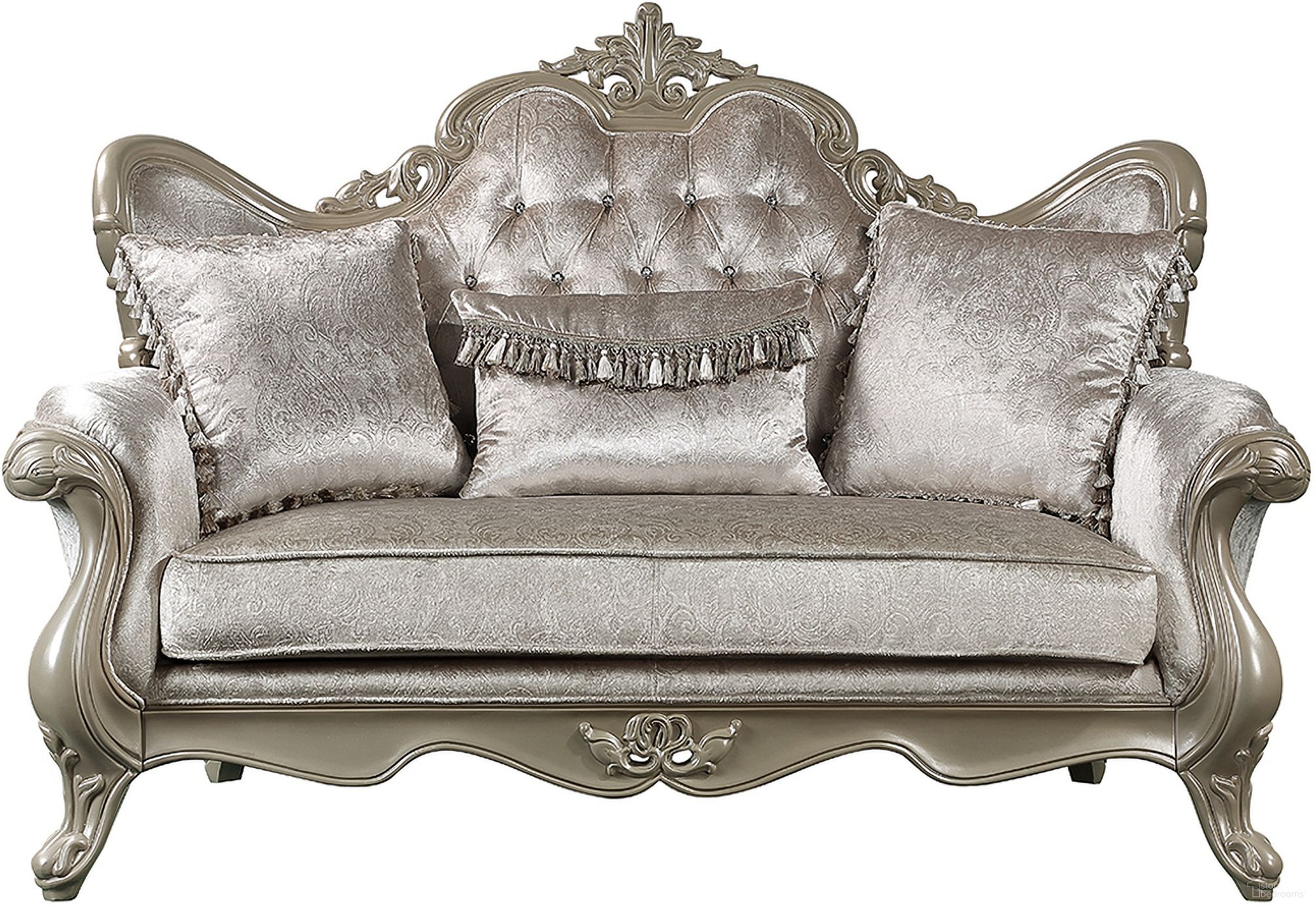 The appearance of Libertee Loveseat with 3 Pillows In Beige and Champagne designed by ACME in the transitional interior design. This beige and champagne piece of furniture  was selected by 1StopBedrooms from Libertee Collection to add a touch of cosiness and style into your home. Sku: LV03821. Material: Wood.