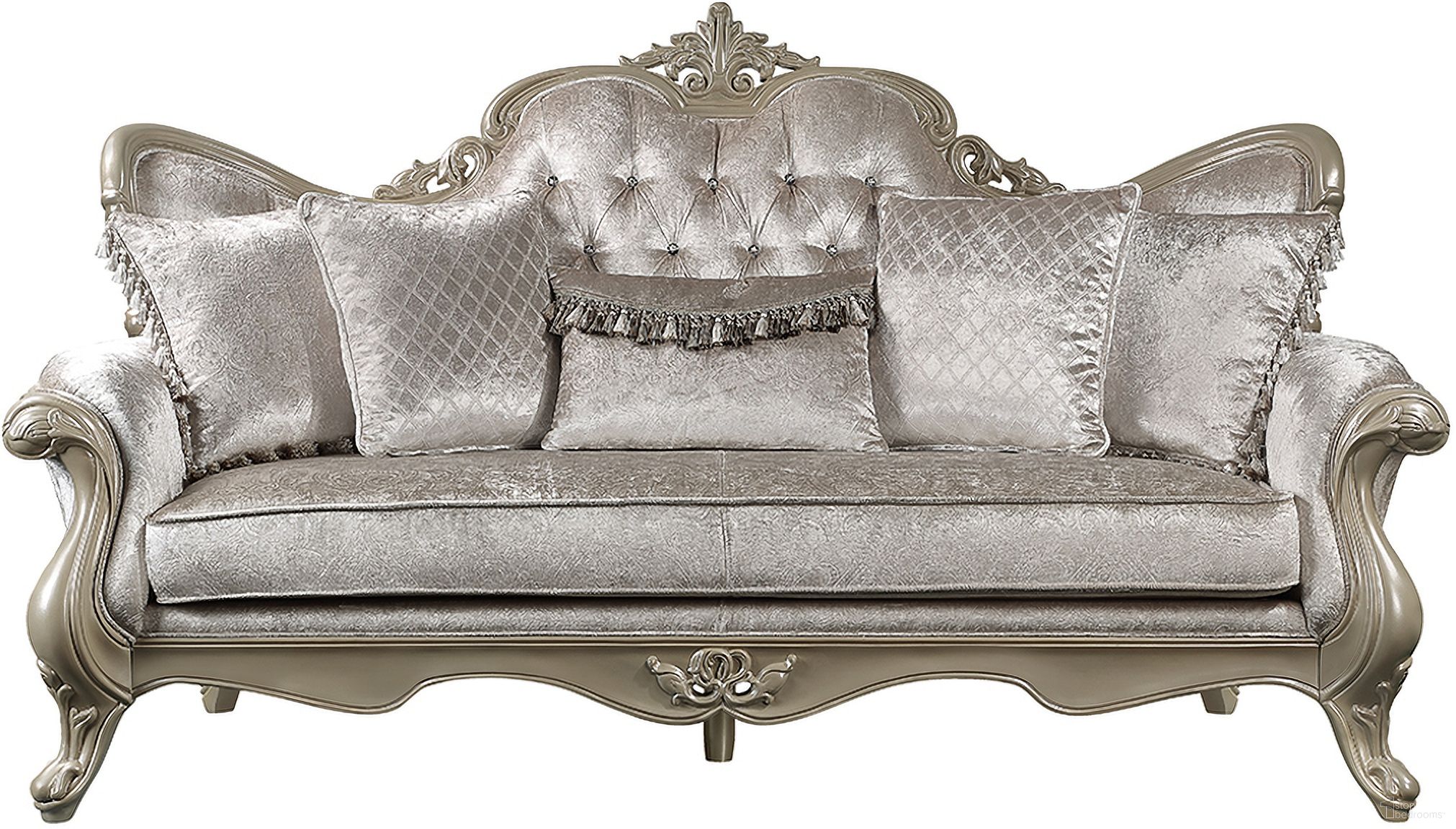 The appearance of Libertee Sofa with 5 Pillows In Beige and Champagne designed by ACME in the transitional interior design. This beige and champagne piece of furniture  was selected by 1StopBedrooms from Libertee Collection to add a touch of cosiness and style into your home. Sku: LV03820. Material: Wood.