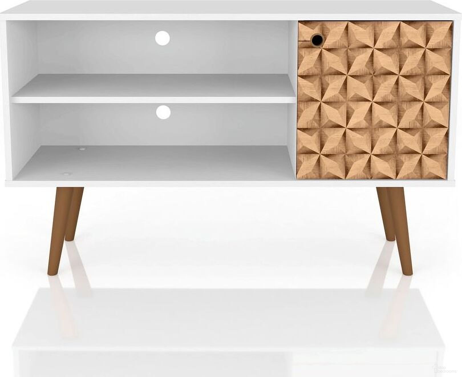 The appearance of Liberty 42.52 Inch Mid-Century - Modern TV Stand With 2 Shelves And 1 Door In White And 3D designed by Manhattan Comfort in the transitional interior design. This brown white piece of furniture  was selected by 1StopBedrooms from Liberty Collection to add a touch of cosiness and style into your home. Sku: 212BMC67. Material: MDF.