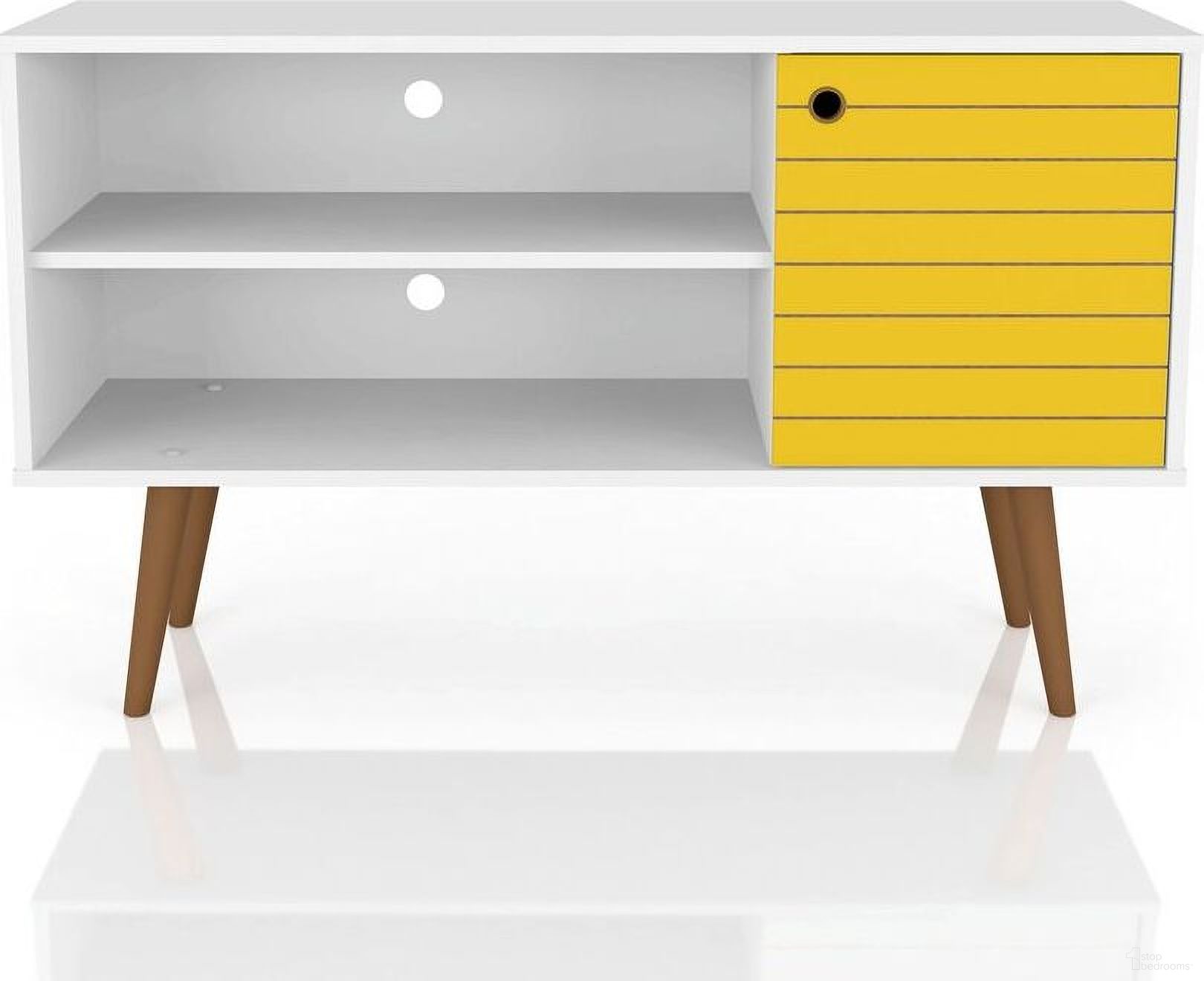 The appearance of Liberty 42.52 Inch Mid-Century - Modern TV Stand With 2 Shelves And 1 Door In White And Yellow designed by Manhattan Comfort in the transitional interior design. This white and yellow piece of furniture was selected by 1StopBedrooms from Liberty Collection to add a touch of cosiness and style into your home. Sku: 212BMC64. Material: MDF.